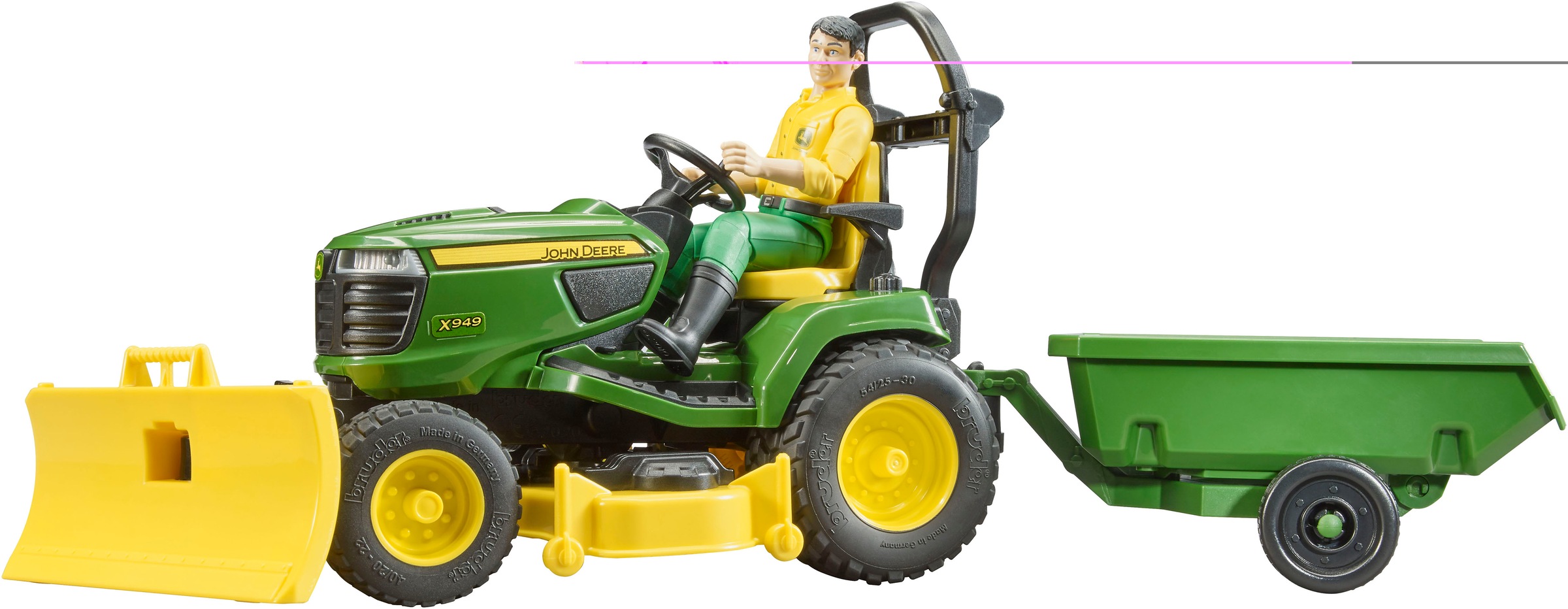 Bruder® Spielzeug-Traktor »bworld John Deere Aufsitzrasenmäher mit Anhänger und Gärtner (62104)« Made in Europe