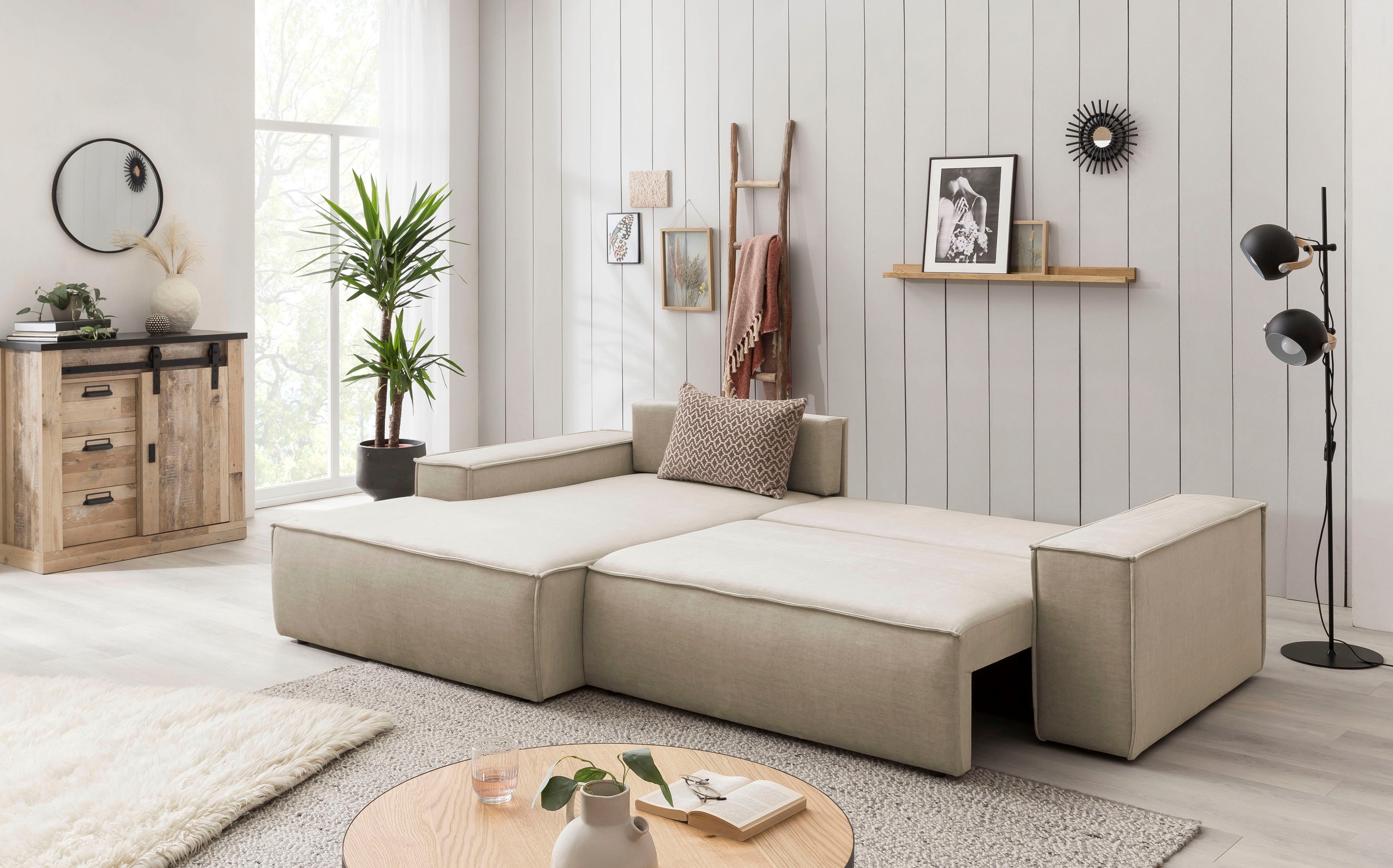 Home affaire Ecksofa SHERWOOD Schlafsofa 267 cm, L-Form, Schlaffunktion mit Bettkasten (210x136 cm), Cord, Vintage, Samtvelours