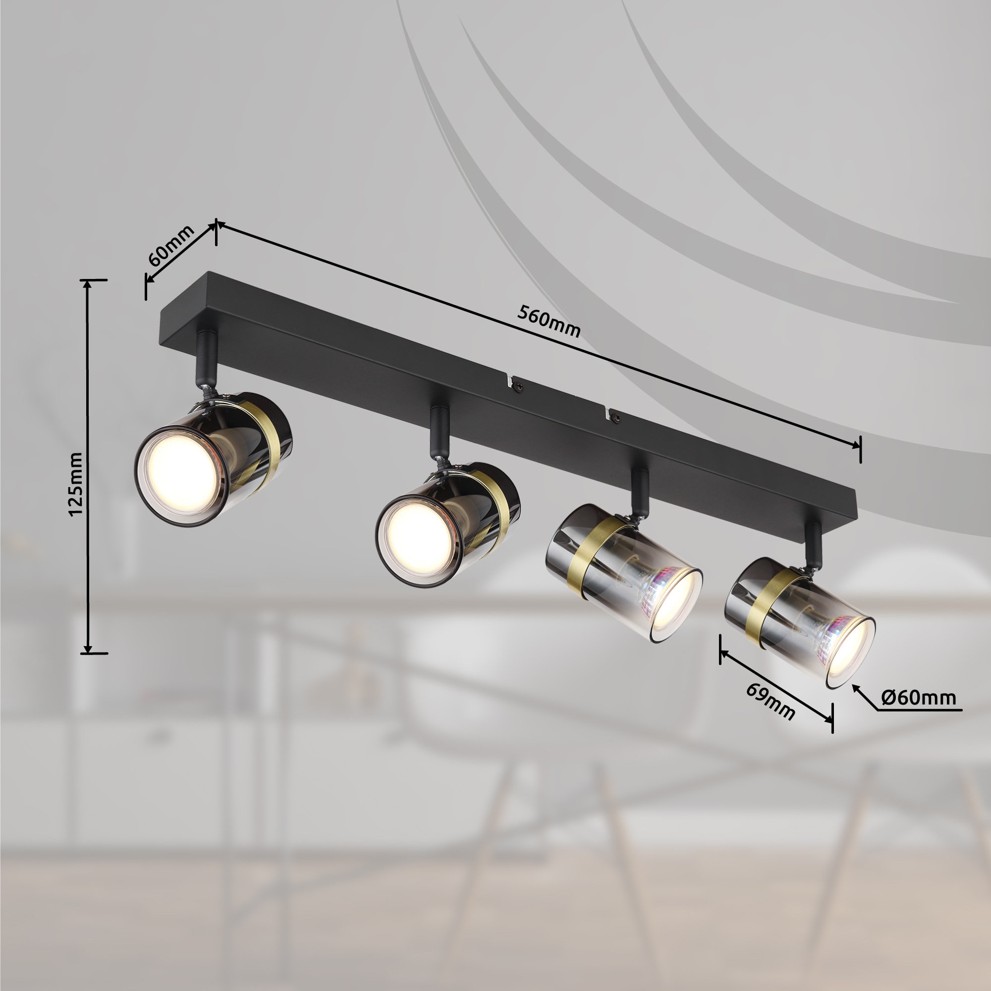 GLOBO LIGHTING Deckenstrahler »TRABBY«, Leuchtmittel GU10 | ohne Leuchtmittel, Deckenspot/schwarz/Glas rauchfarben/messingfarben/Flur/Wohnzimmer