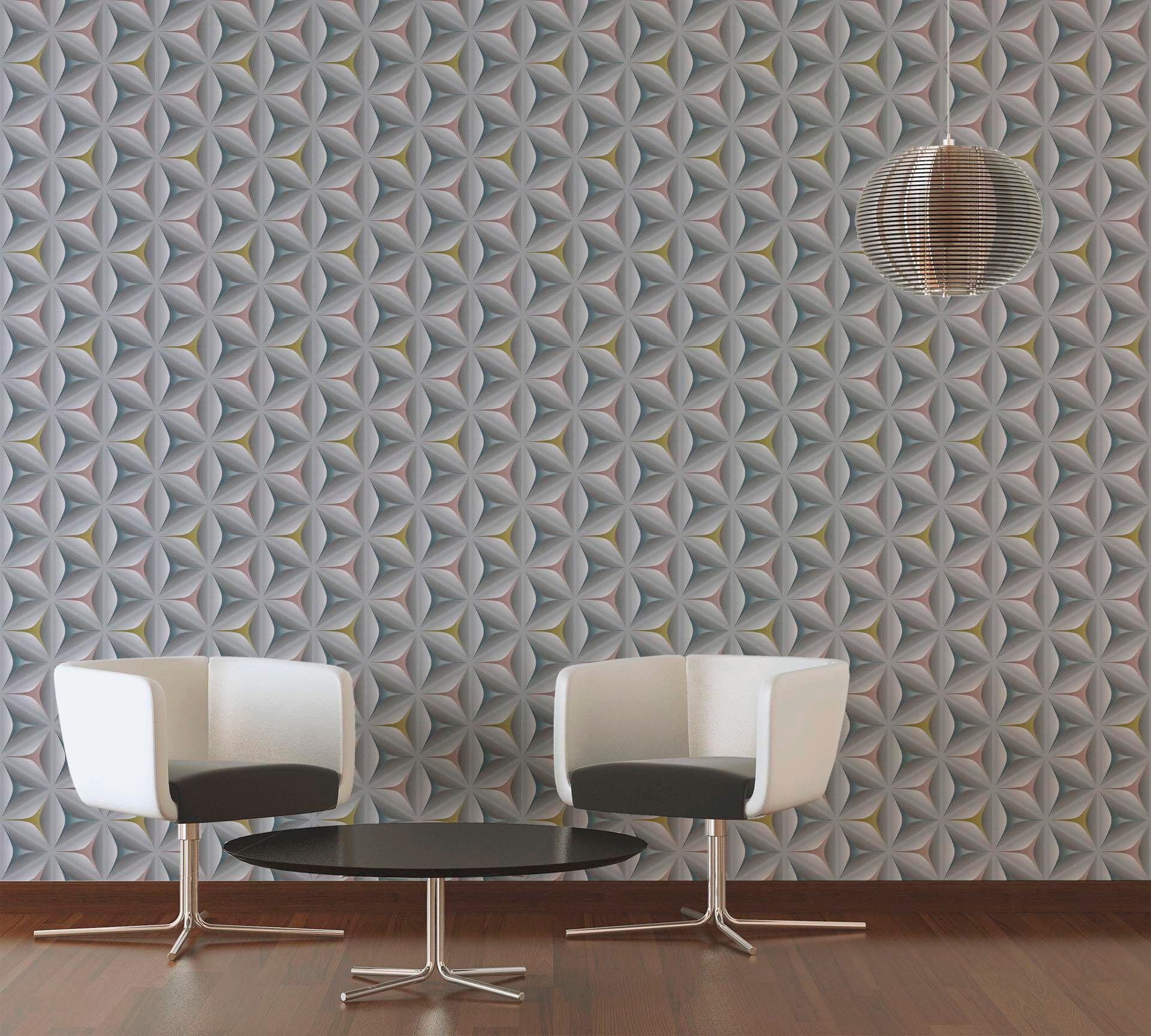 living walls Vliestapete »Scandinavian«, Retro-gemustert-Motiv, Retrotapete Geometrisch Tapete 3D Effekt einfarbig glänzend Flur Optik