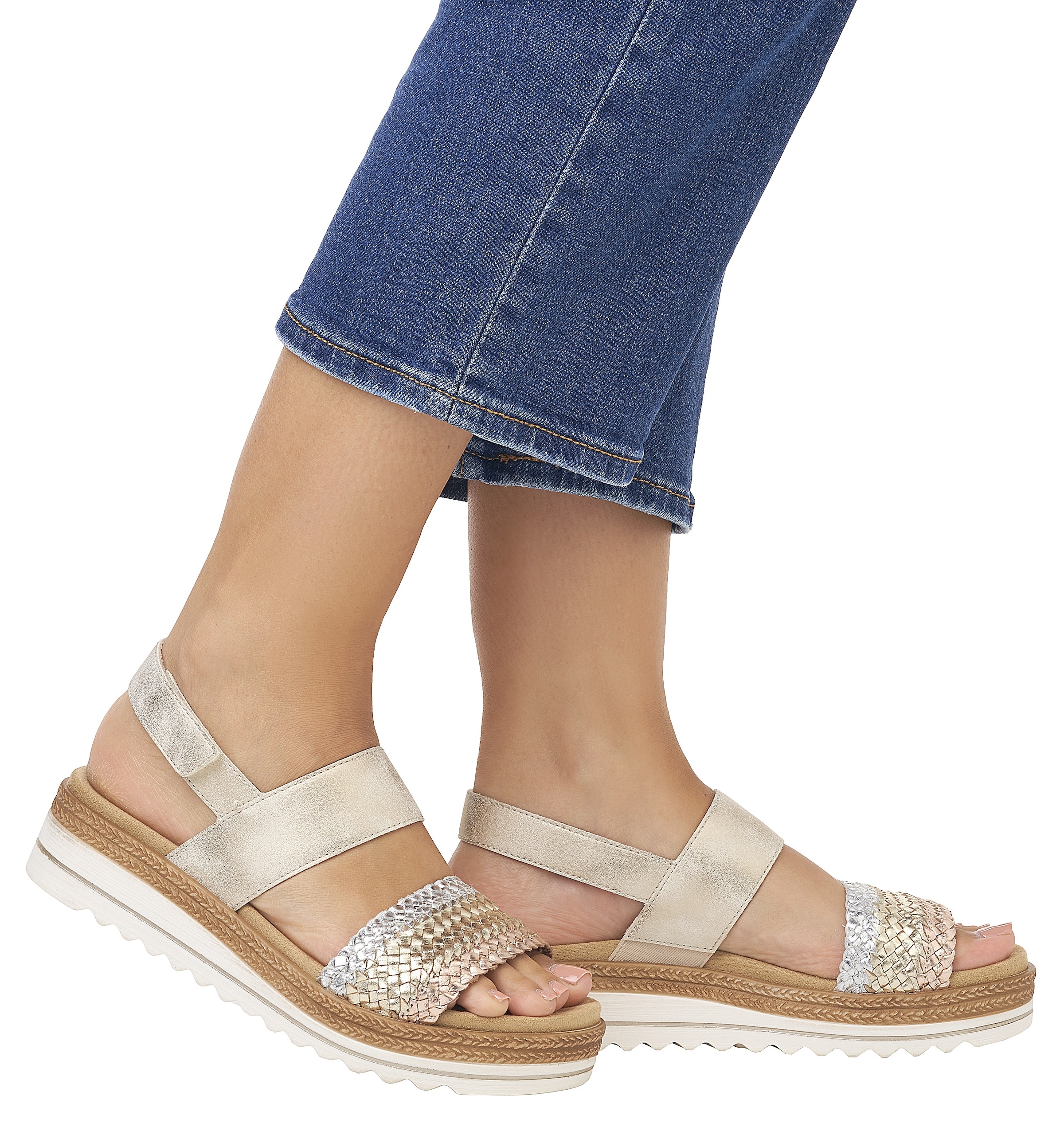 Remonte Keilsandalette »ELLE-Collection«  , Sommerschuh, Sandale, Keilabsatz, mit Flechtbandage im Metalliclook