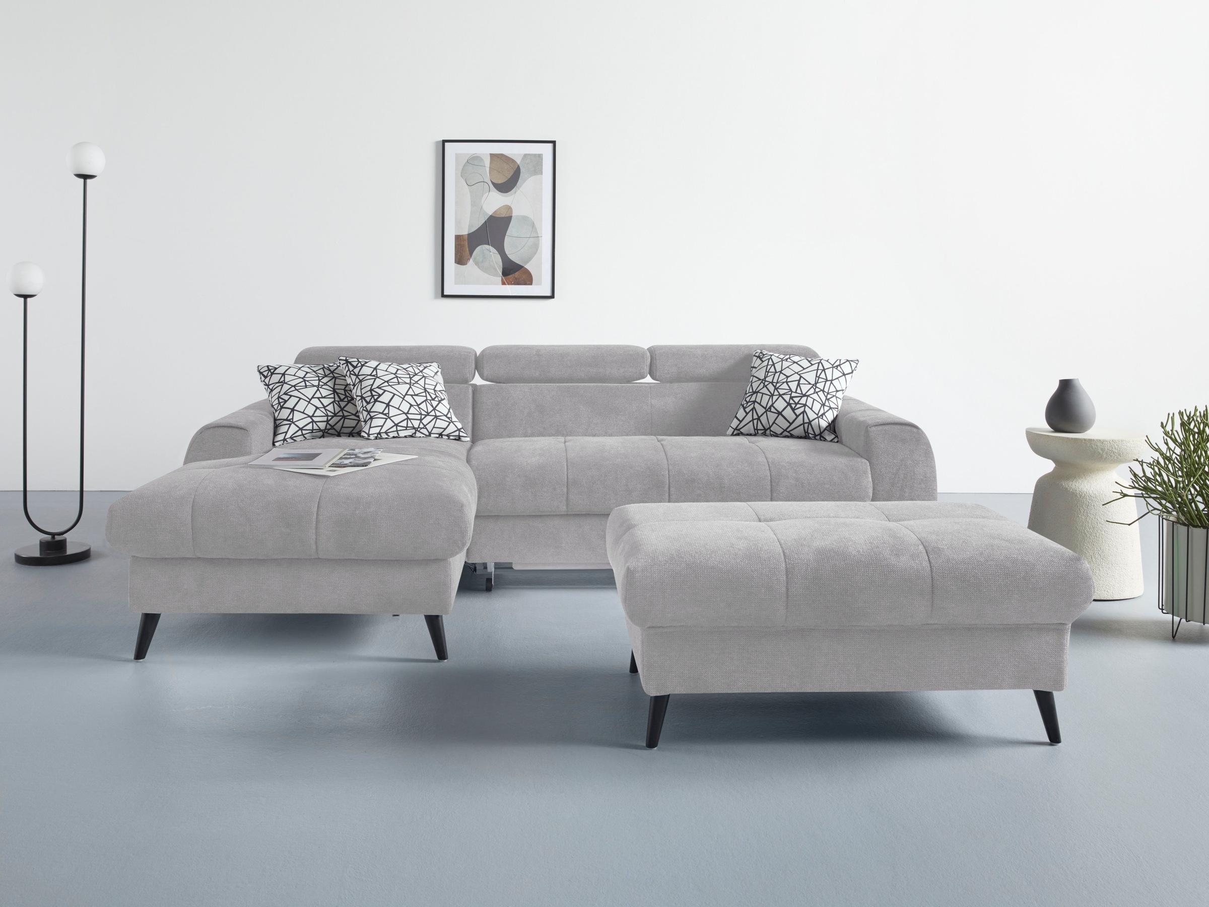 COTTA Ecksofa »Mia L-Form mit 3 Zierkissen«, wahlweise mit Bettfunktion, Bettkasten, Beleuchtung & Wireless-Charger