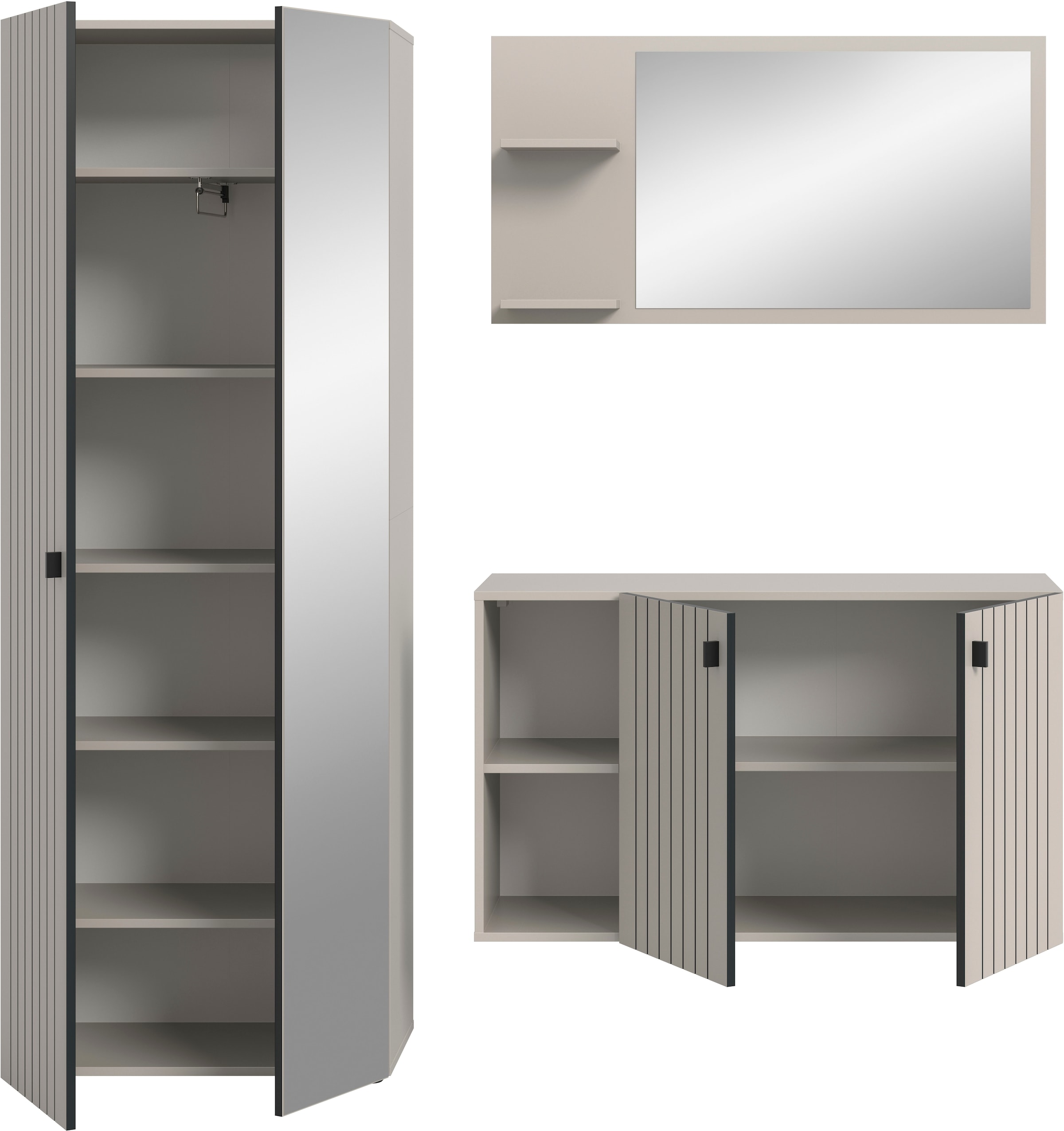 INOSIGN Garderoben-Set »TATIO, 3-tlg. Garderobenkombination, Breite: 191 cm, Rillenfräsung« Set, Set, best. aus: 1 Spiegel, 1 Garderobenschrank, 1 Schuhkommode, 3 Stk. tlg.