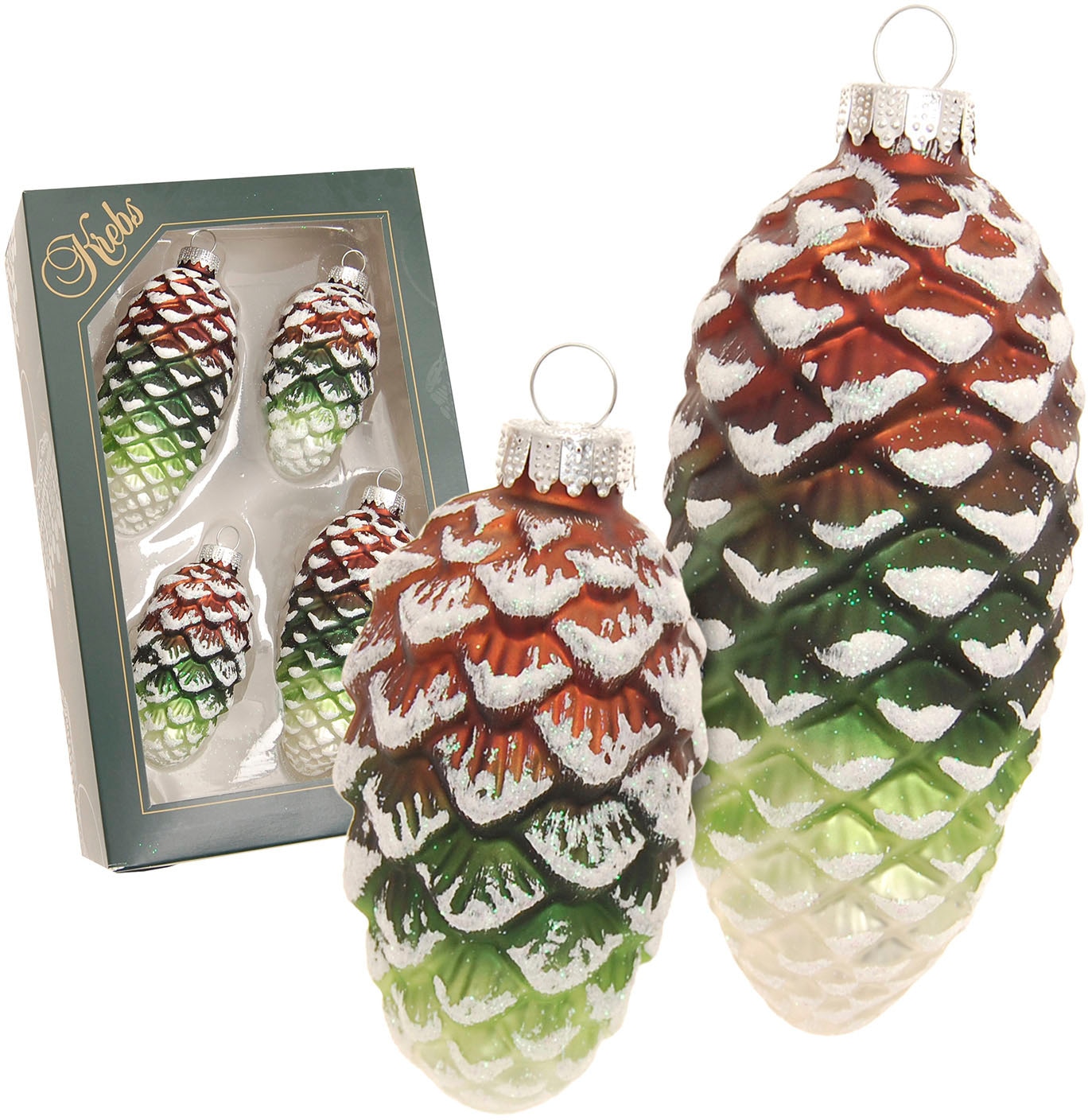 Krebs Glas Lauscha Christbaumschmuck »Glas-Tannenzapfen bunt, mit Glitter, 2x klein Ø 8 cm + 2x groß Ø 10 cm« Weihnachtsdeko, Weihnachtsbaumkugel, Christbaumkugeln aus Glas