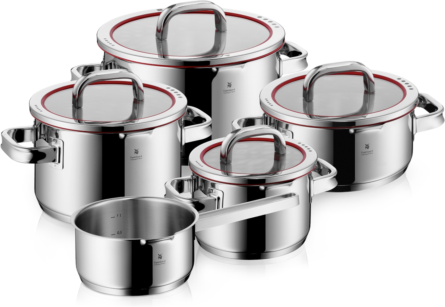 WMF Topf-Set »Function 4, Glasdeckel mit 4 Abgießfunktionen, poliert, unbeschichtet« 1x Bratentopf 20cm, 3x Fleischtopf 16/20/24cm, 1x Stielkasserolle 16cm,  Cromargan® Edelstahl Rostfrei 18/10