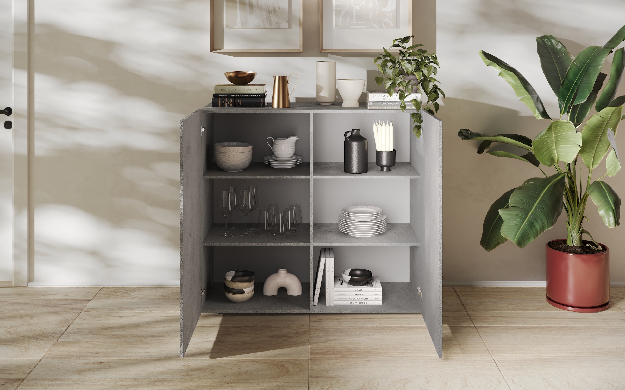 INOSIGN Highboard »Snake Höhe 123 cm u. Breite 121 cm, Kommode mit 2 Türen, Sideboard«, mit viel Stauraum, Schrank, Front mit besonderem Siebdruck