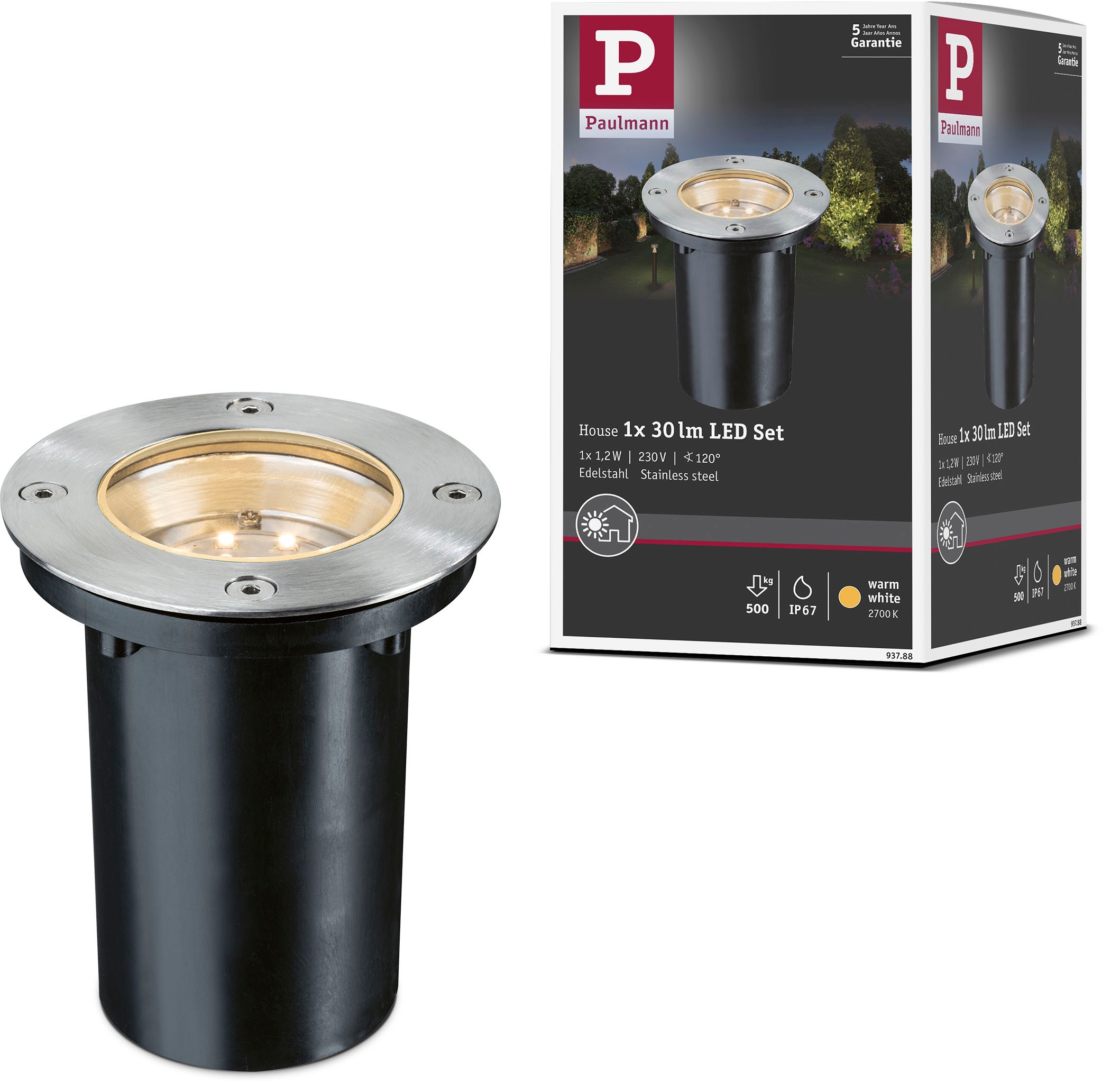 Paulmann LED Einbauleuchte »Outdoor 230V Boden rund LED 1,2W 2700K 110mm Edelstahl/Metall«, 1 flammig, Outdoor 230V Boden rund LED 1,2W 2700K 110mm Edelstahl/Metall