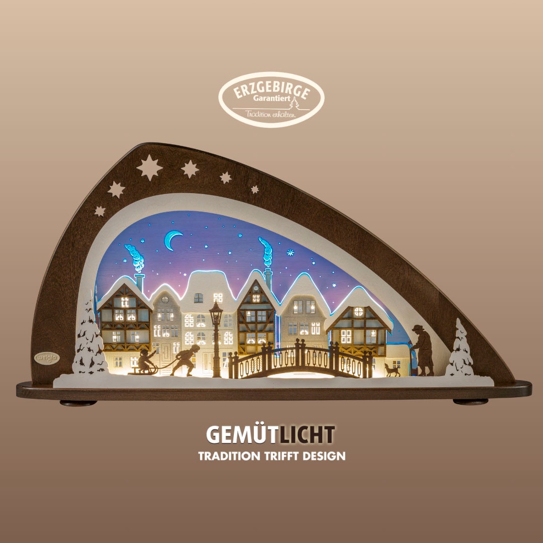 Weigla Lichterbogen »LED Winter in der Altstadt, moderner Schwibbogen aus Holz & Acrylglas«, Erzgebirge garantiert, Weihnachtsdeko Innen, Weihnachtsbeleuchtung