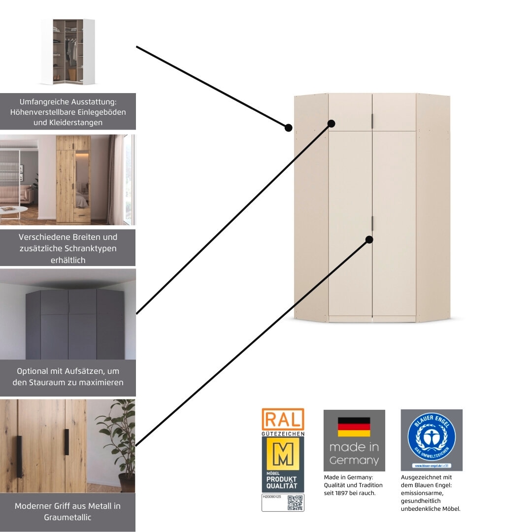 rauch Kleiderschrank »Eckschrank Schrank Ankleidezimmer Schlafzimmer Garderobe LAGOA« voll ausgestattet viel Stauraum, optional mit Aufsatz MADE IN GERMANY