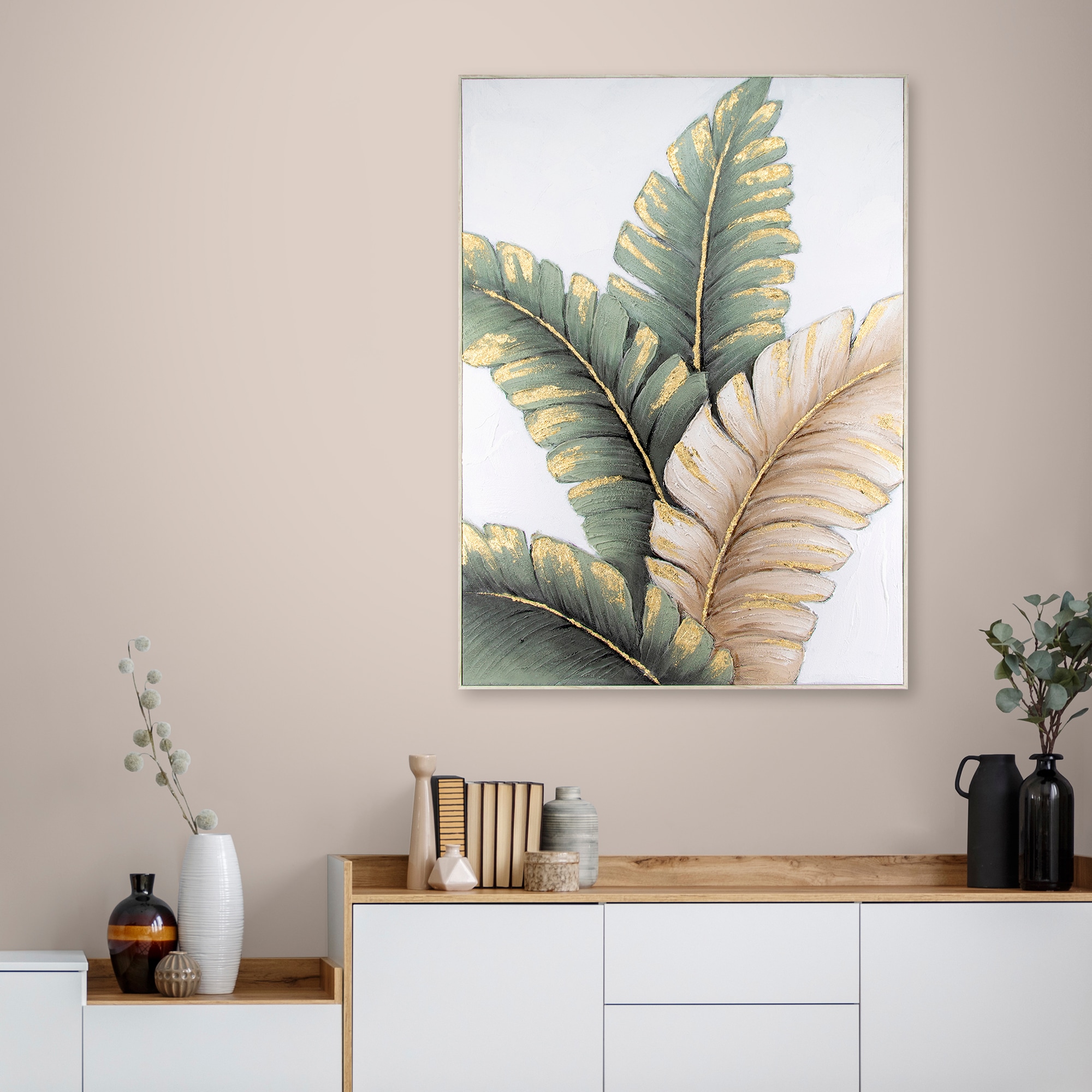 Art for the home Leinwandbild »Blatter Neutral«, Blätter, (1 St.), Handgemalte Leinwand mit Goldmetallic, Lush leaves neutral - 100x70cm