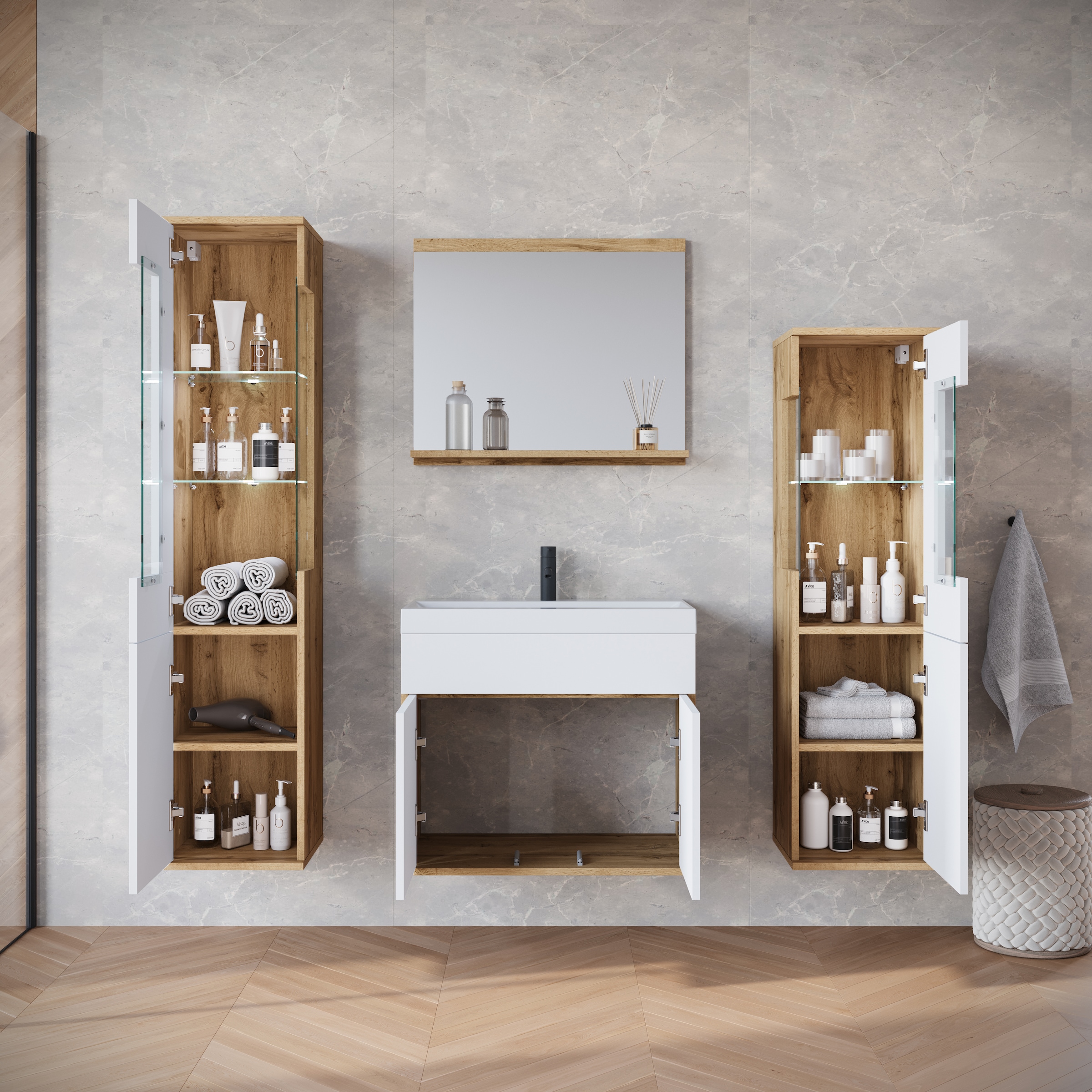 INOSIGN Badmöbel-Set »Kenia«, (Set, 5 St.), Modernes Badmöbel-Set mit viel Stauraum und Glaseinsatz