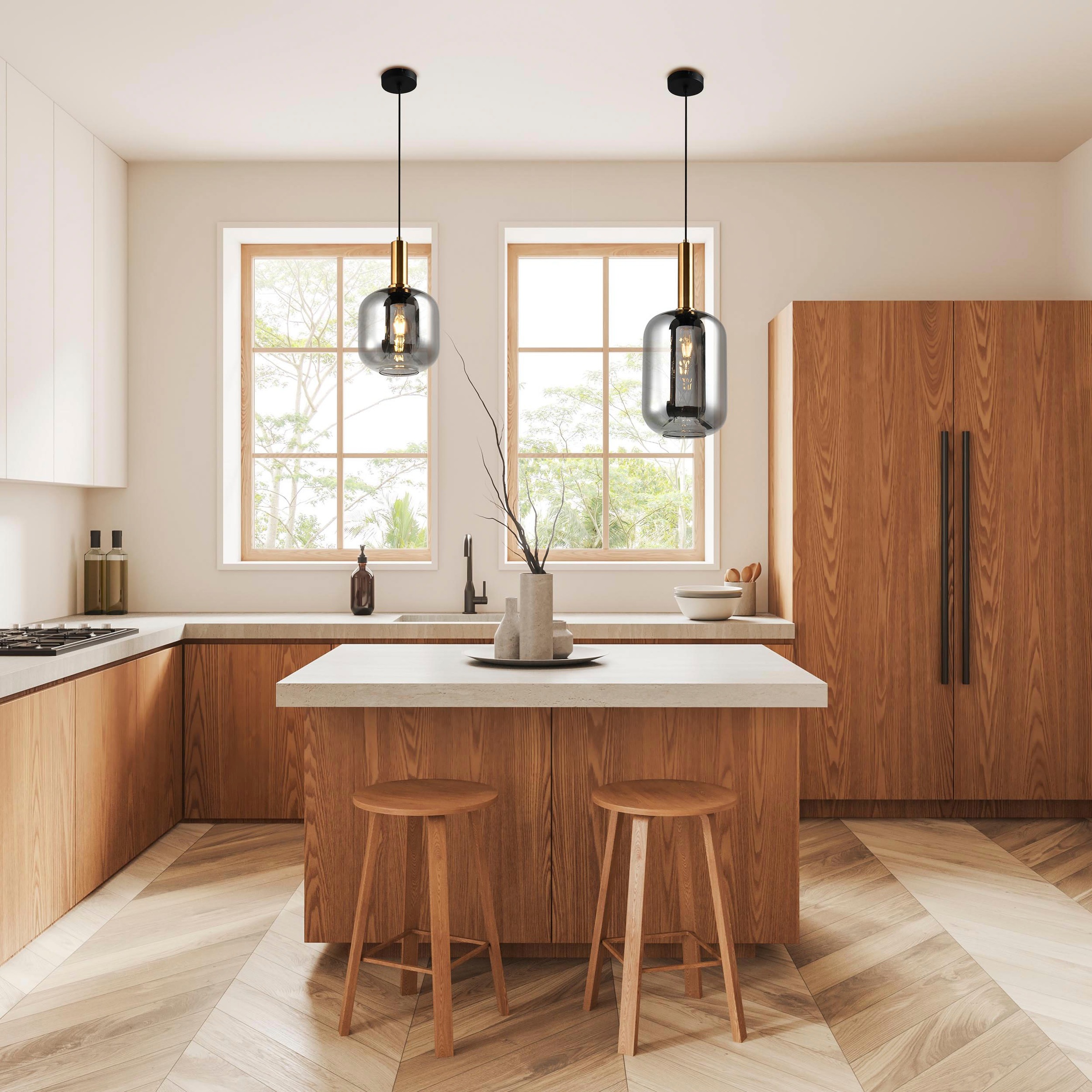 näve Pendelleuchte »Fumo« E27 1 Stk. aus Metall in Schwarz und Gold und Rauchglas, Ø ca. 22 cm, Höhe 150 cm