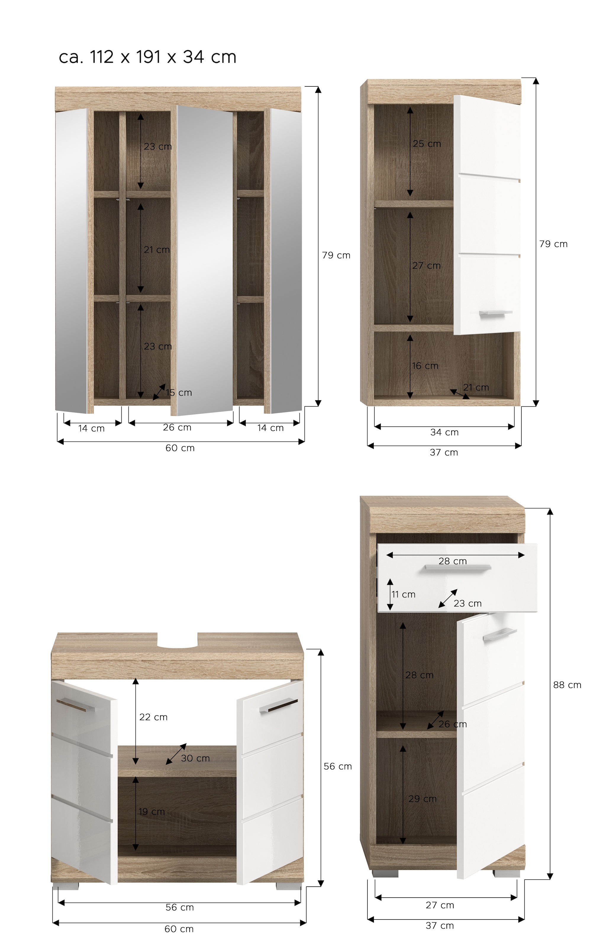 INOSIGN Badmöbel-Set »Siena, 4 teilig, bestehend aus:«, (Set, 4 St.), Waschbeckenunterschrank, Spiegelschrank, Unterschrank, Hängeschrank