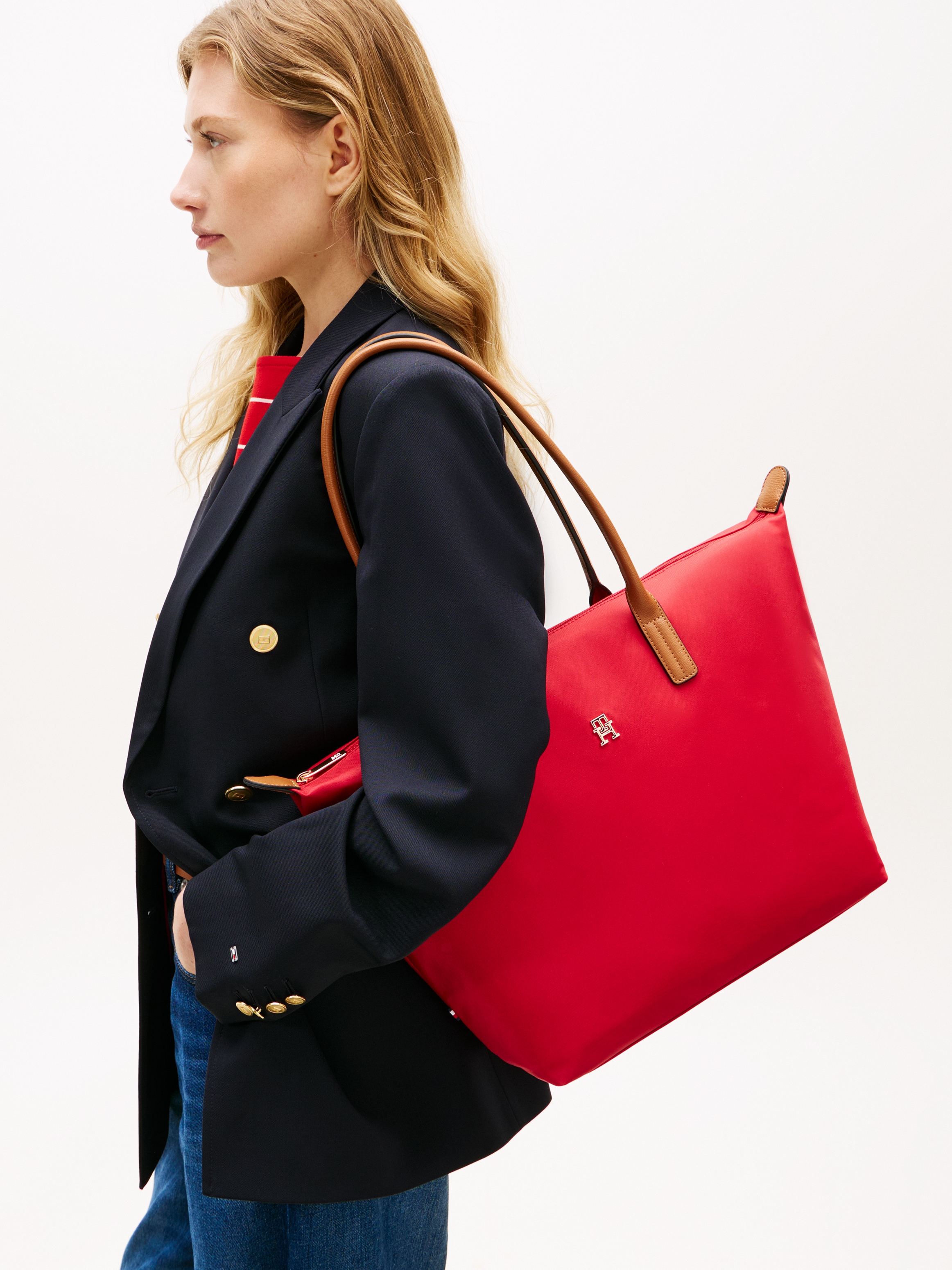 Tommy Hilfiger Tragetasche »POPETTE TOTE« Damen Handtasche, Schultertasche mit kontrastfarbigen Henkeln