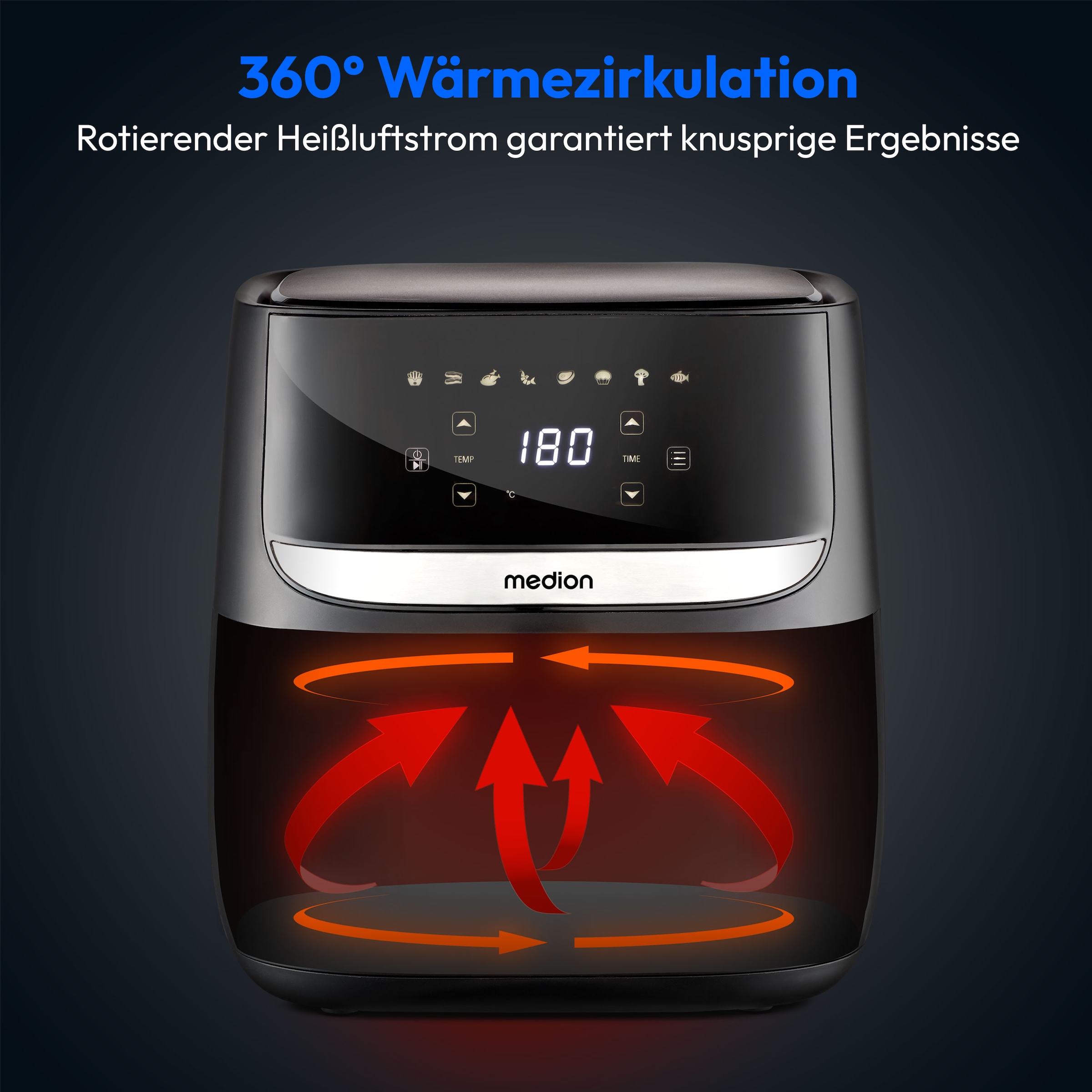 Medion® Heißluftfritteuse »E50 XL (MD 10532), 5,7 L Korbvolumen, 8 Automatikprogramme, Timer«, 1700 W, Temperatur bis 200 °C, ölfreies Frittieren, digitales Bedienfeld