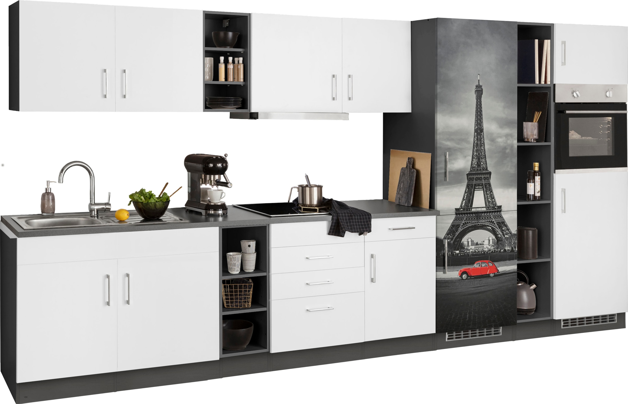 HELD MÖBEL Küchenzeile »Paris«, mit E-Geräten, Breite 390 cm, mit großer Kühl-Gefrierkombination