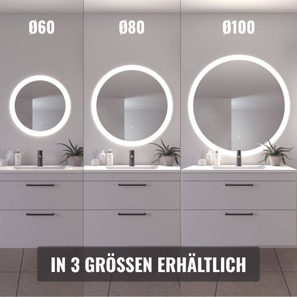 Badspiegel »Vega Rund, Badzimmerspiegel mit LED Beleuchtung, Lichtspiegel«, (1 St.), Touchpanel für Lichtsteuerung, Dimmbar Spiegel, Dänisches Design
