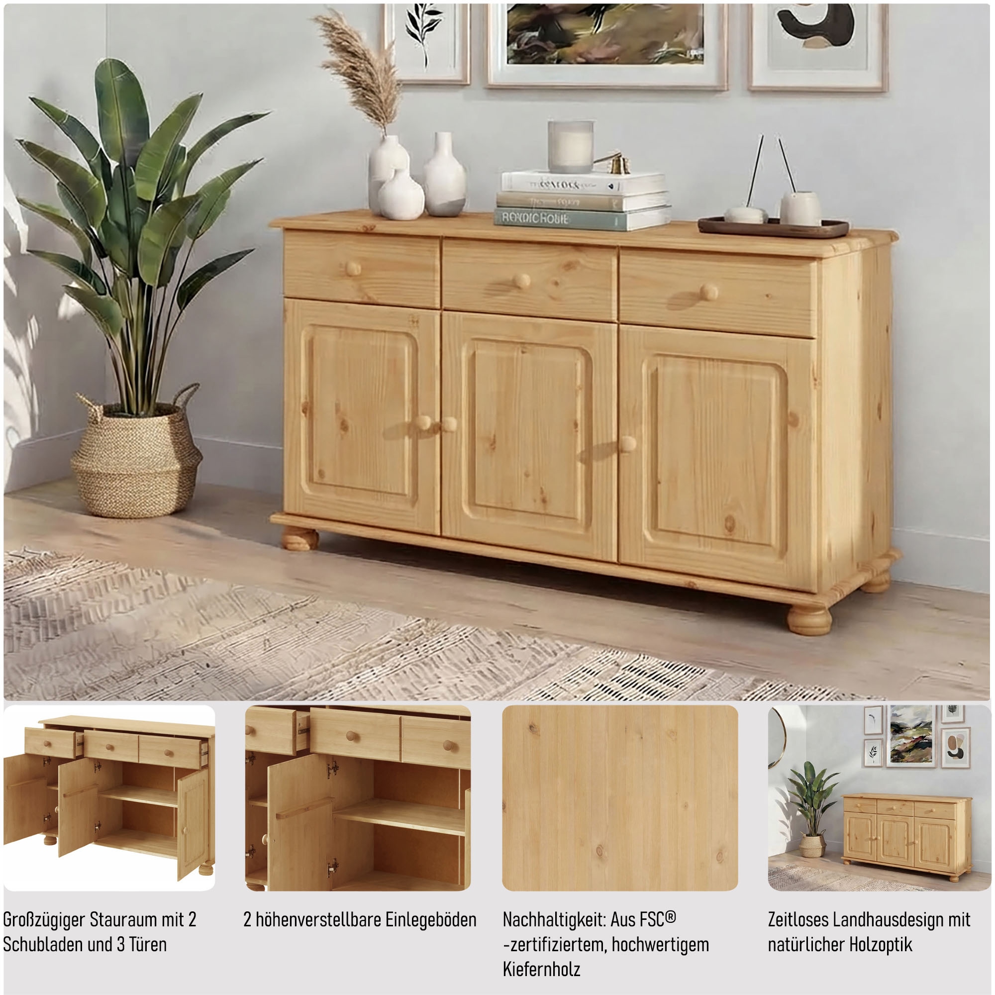 OTTO home Sideboard »Mette Kommode mit 3 Türen & 2 Schubladen, eine ist optisch geteilt« Kommode mit gefrästen, kugelförmigen Füßen, Breite 120 cm