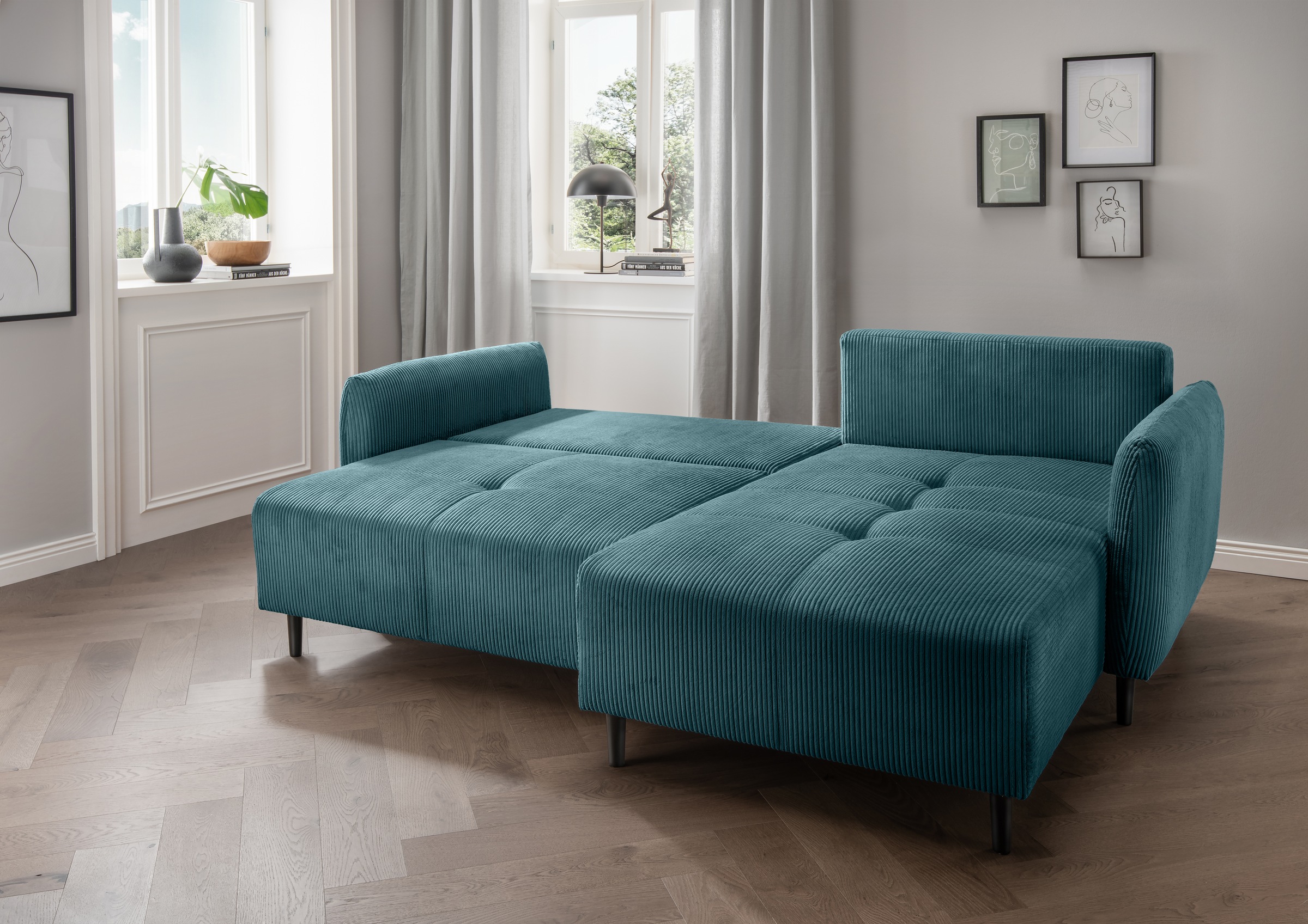 INOSIGN Ecksofa »Mara, L-Form, aktueller Cord Bezug und tolle Farben, schmale Armlehnen«, whlw. mit Bettfunktion,Recamiere links/rechts montierbar, Breite 238cm