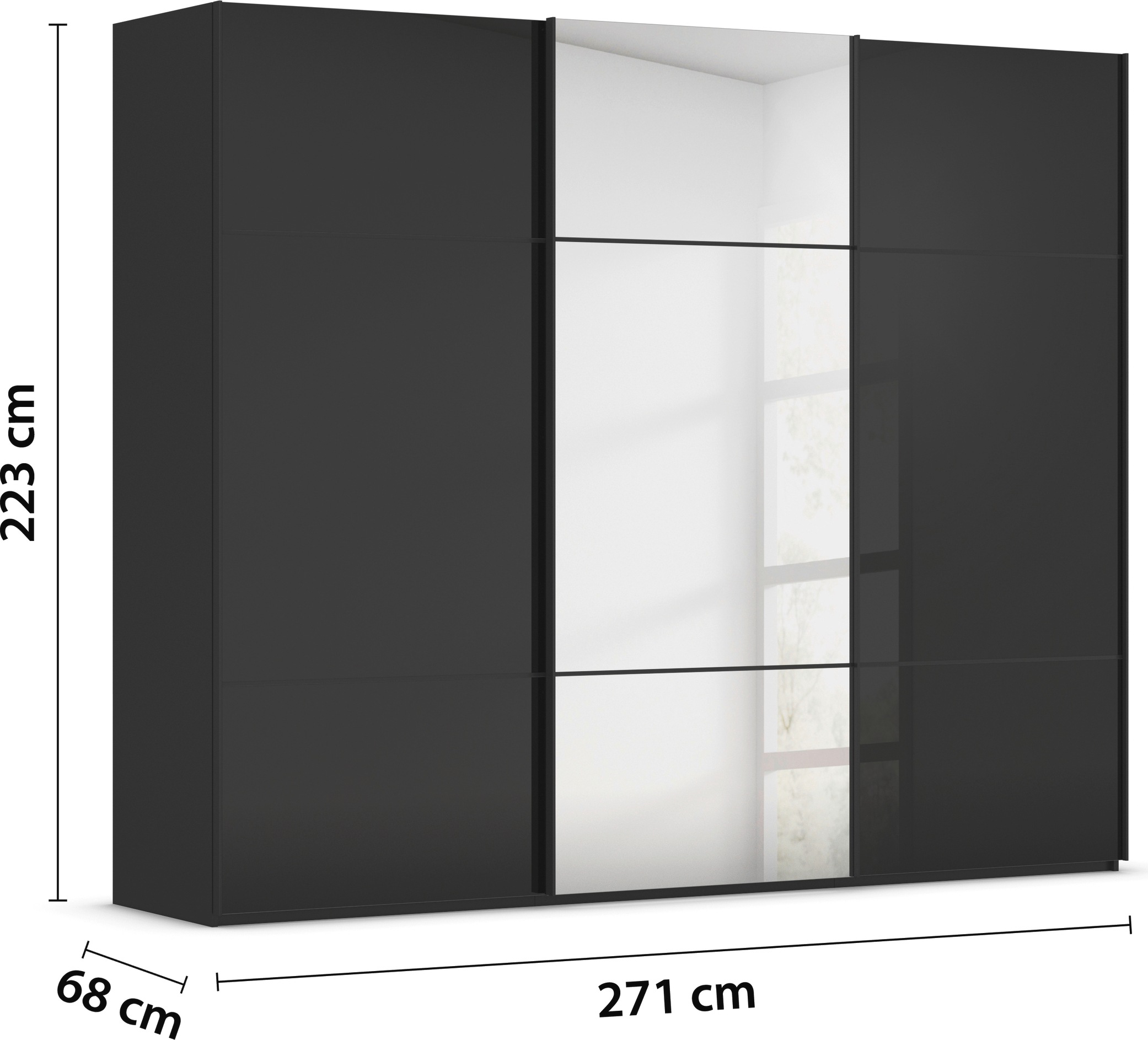 rauch Schwebetürenschrank »Kleiderschrank Schrank Garderobe Schlafzimmerschrank SCALE-TRIO«, edle dreigeteilte Front mit 2 Zierleisten Spiegel/Glas MADE IN GERMANY