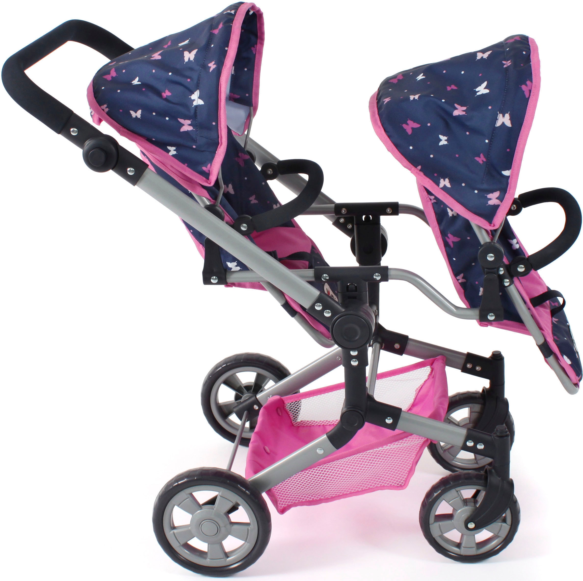 CHIC2000 Puppen-Zwillingsbuggy »Linus Duo, Butterfly, rosa«, mit zwei abnehmbaren, bis in Liegeposition verstellbaren Sportsitzen