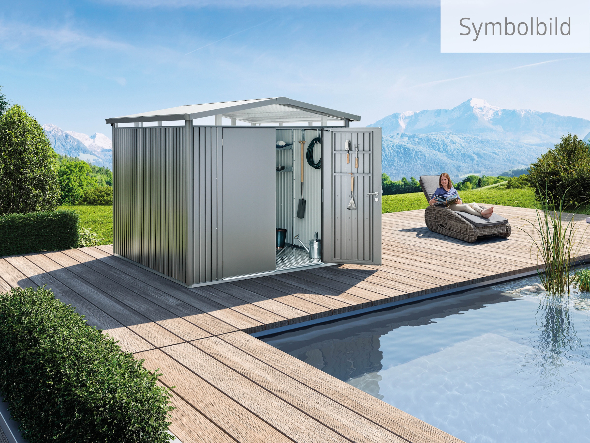 Biohort Gerätehaus »PANORAMA Gr. P3 quarzgrau-metallic
mit Doppeltür«, aus Metall mit umlaufendem Acrylglas-Lichtband