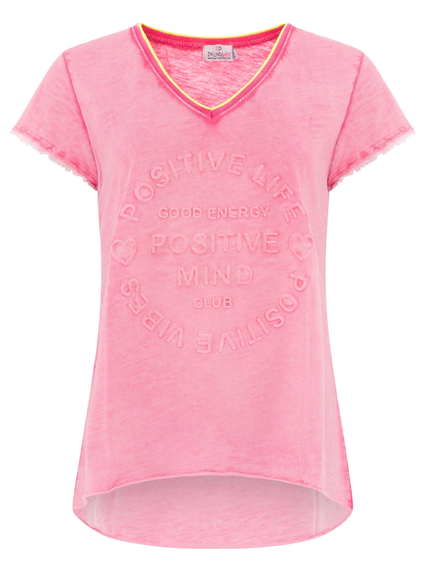 Zwillingsherz Kurzarmshirt »"Positive Mind Neonkante"« ausgefranste Kanten, V-Ausschnitt mit Neonkante, kurzarm, Stempeldruck