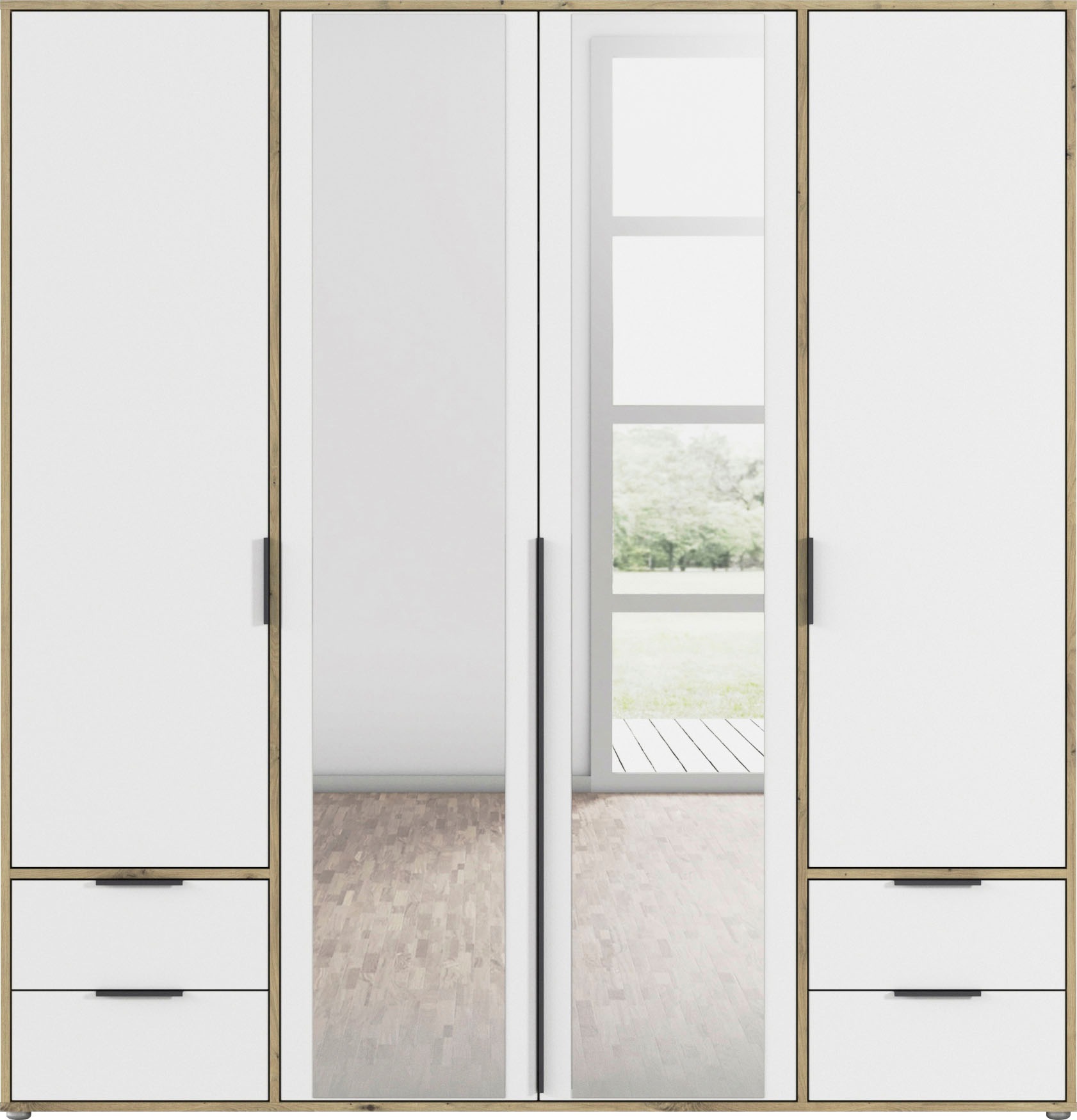 rauch Drehtürenschrank »Kleiderschrank Schrank Garderobe Wäscheschrank NAGATA mit Spiegel«, (in 3 verschiedenen Ausstattungen BASIC/CLASSIC/PREMIUM), und Schubladen sowie Stangengriffen TOPSELLER MADE IN GERMANY