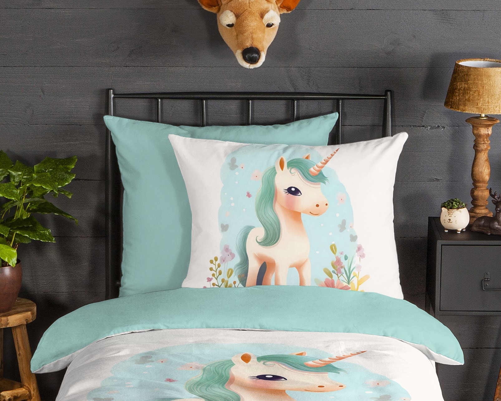 good morning Kinderbettwäsche »One«, Flanell, Biber, 135x200, Warm, Wende, Mädchen, Einhorn, Weiß, Türkis