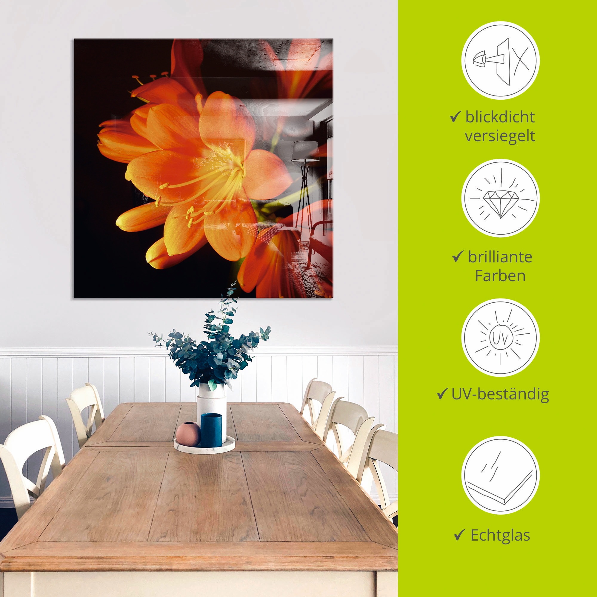 Artland Glasbild »Clivie in leuchtendem Orange«, Blumen, (1 St.), in verschiedenen Größen