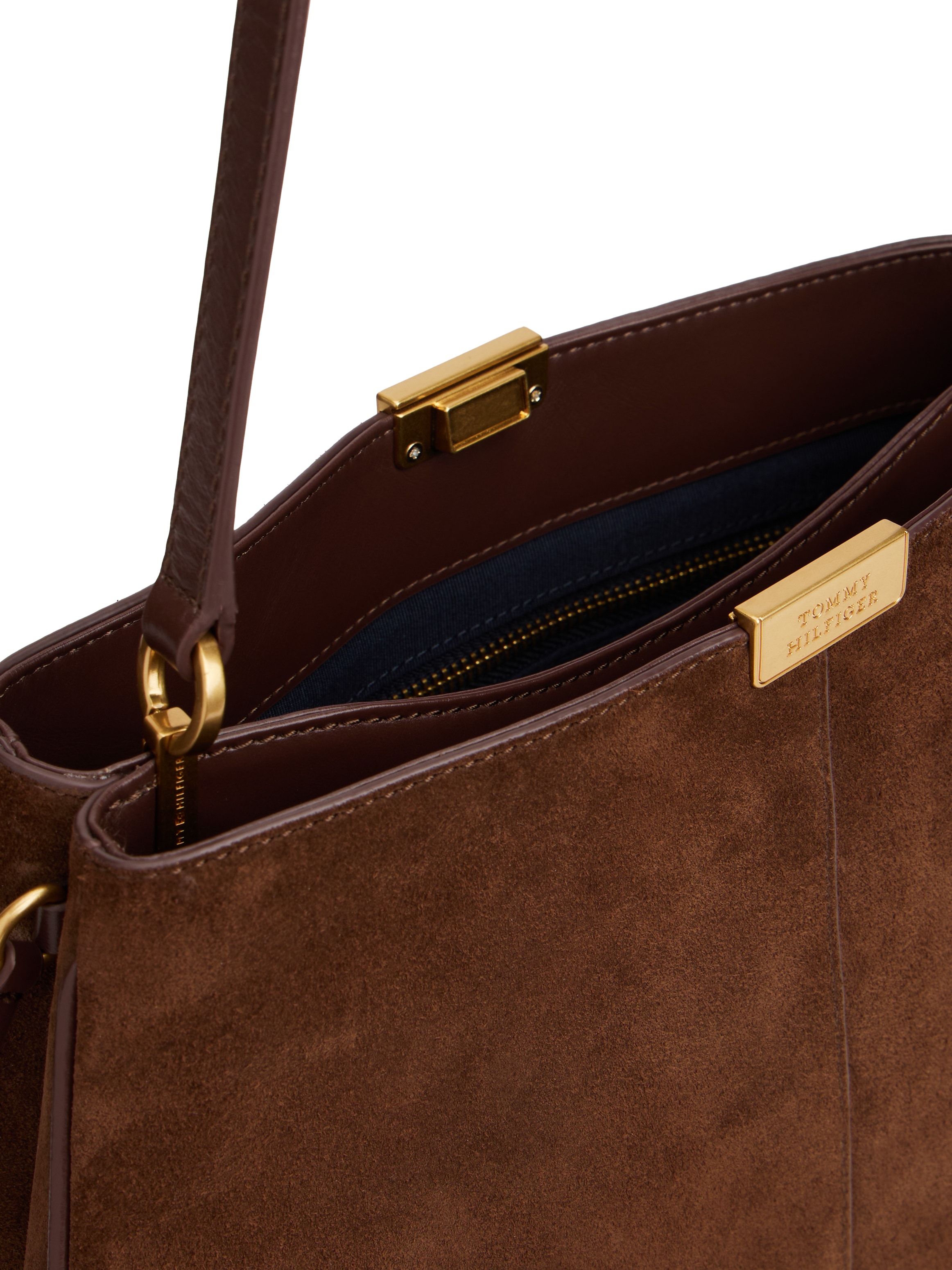 Tommy Hilfiger Schultertasche »CASUAL LEATHER SHOULDER BAG SUED« , Damen Handtasche, Tragetasche mit Logo-Schmuckelement