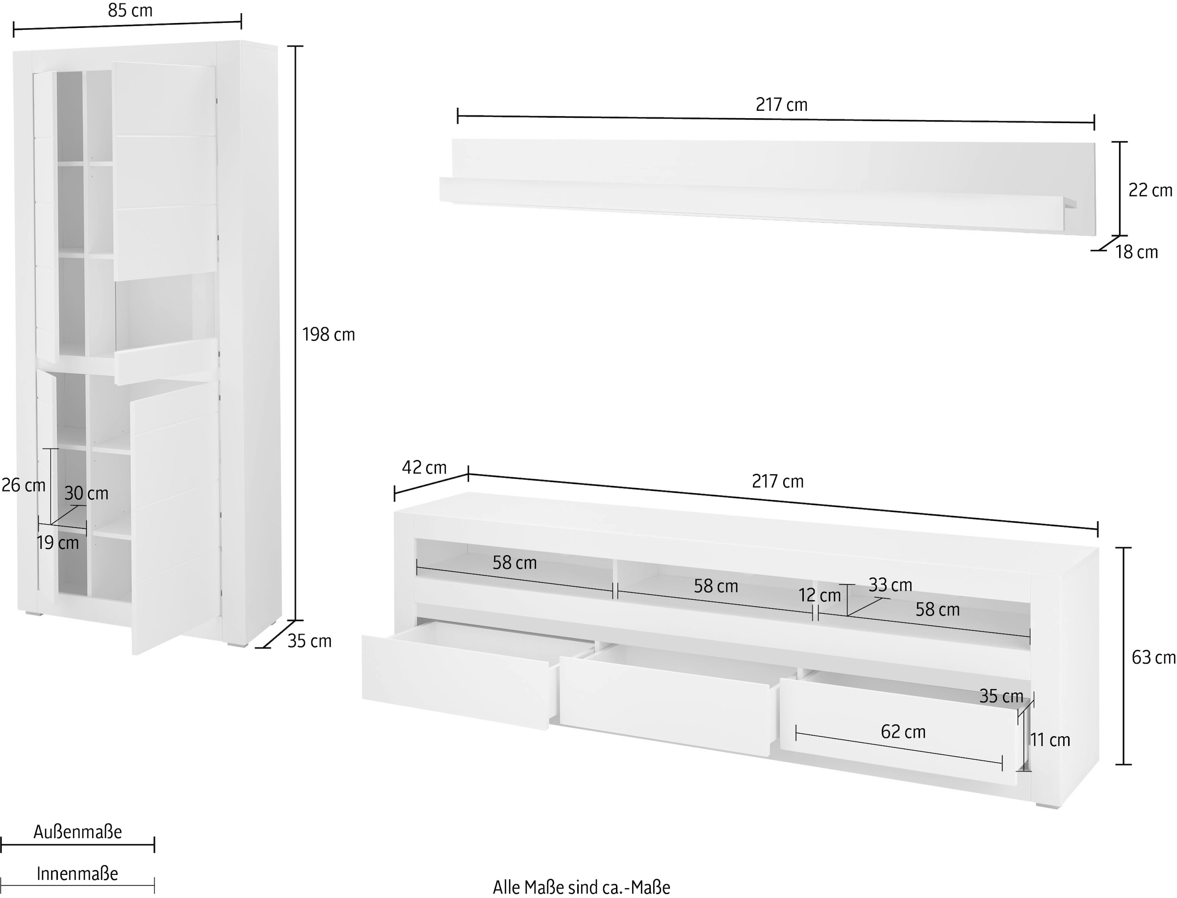 INOSIGN Wohnwand »Anbauwand in Weiß Matt, Wohnzimmer-Set mit austauschbarer Blende«, (Set, 3 St.), enthält Vitrine, Lowboard, Wandboard, zeitloses Design, 312 cm breit