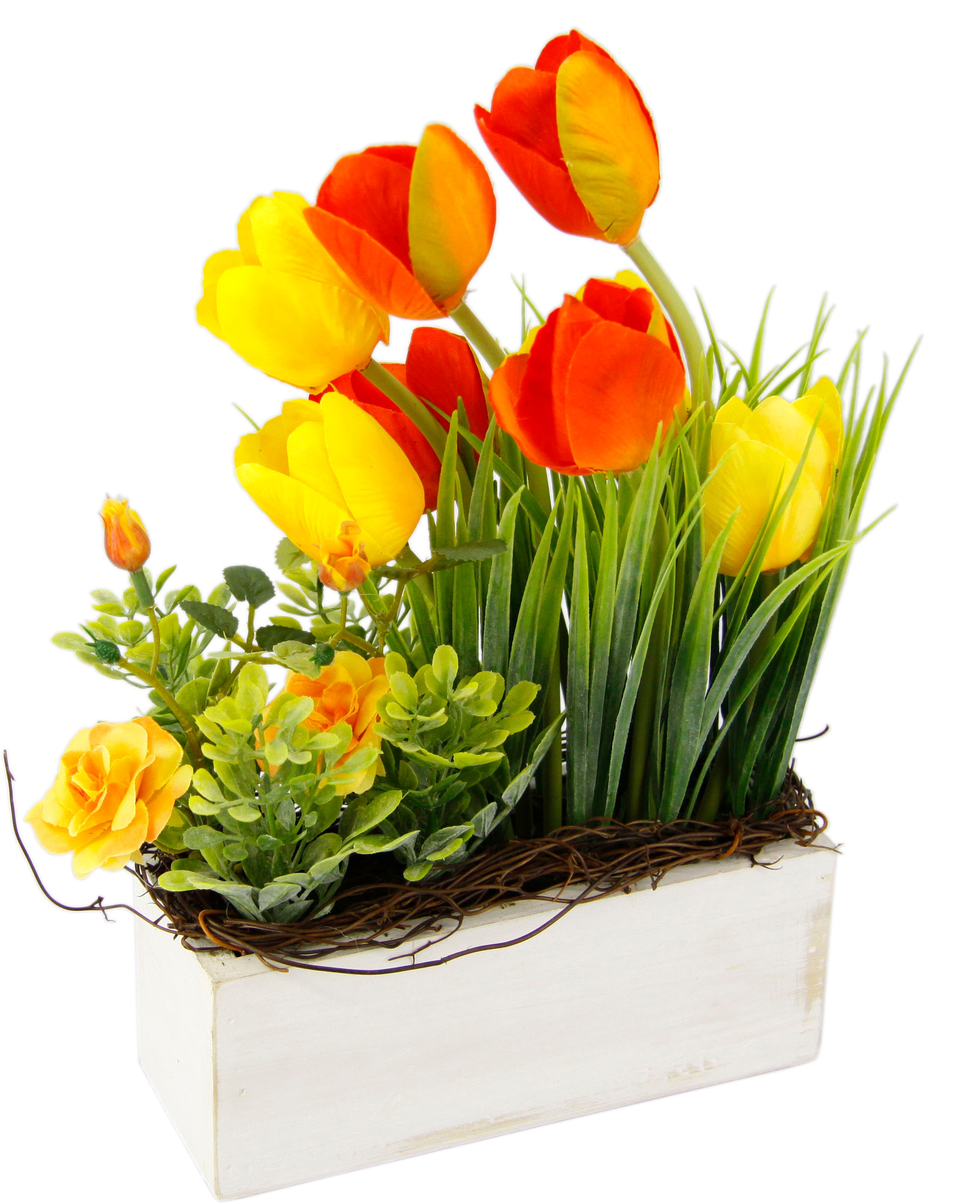 Gestecke »Tulpen Wildrosen und Gras«, Im Topf, aus Holz, Blumendeko