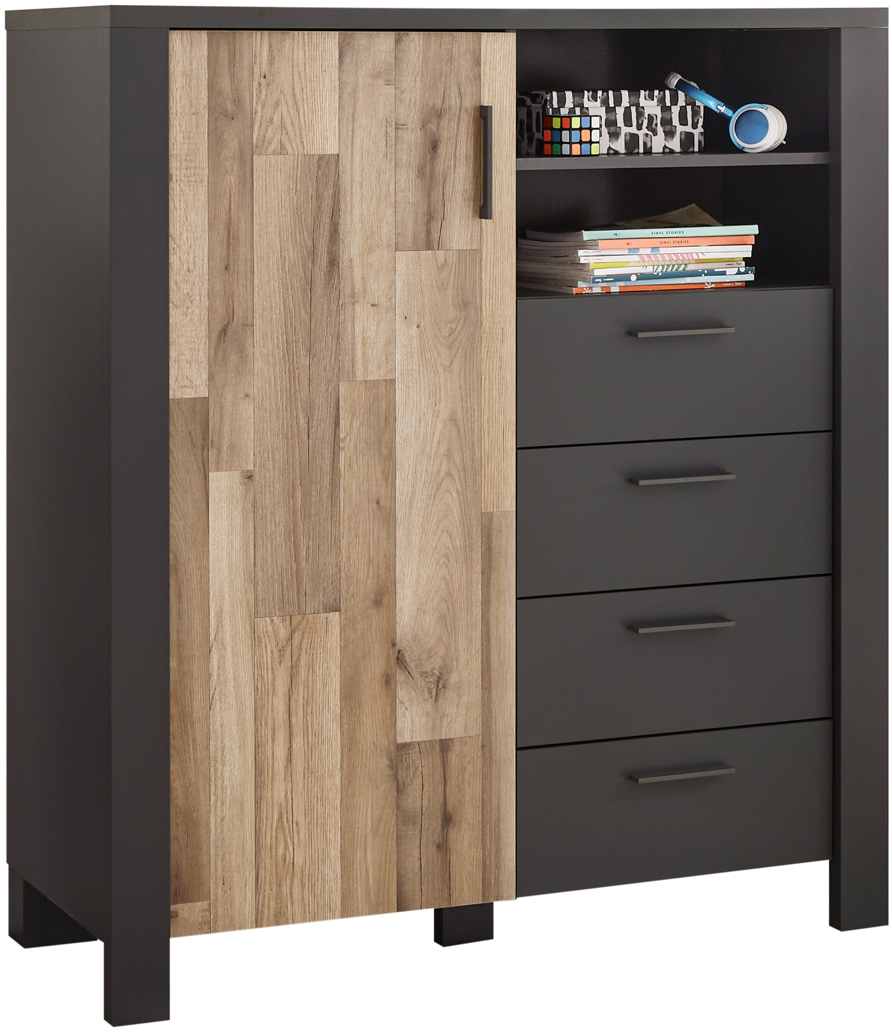 Begabino Schubkastenkommode »Dallas Hochkommode, Sideboard, Wäscheschrank«, mit Schubkästen, Schrank in Montana Oak-Graphit