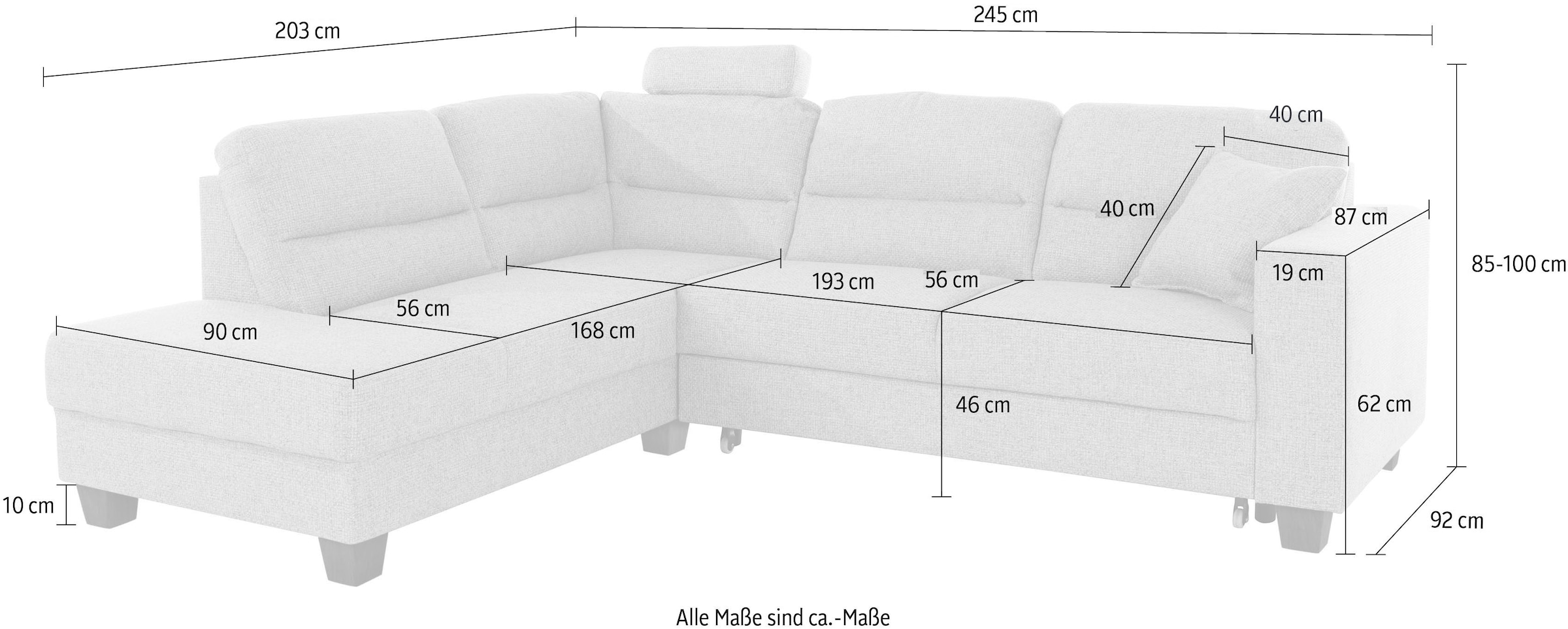 TRENDMANUFAKTUR Ecksofa »Chamber, zeitlos & elegant, bequem, L-Form«, inklusive einer Kopfstütze, wahlweise Schlaffunktion, B/T 203/245cm