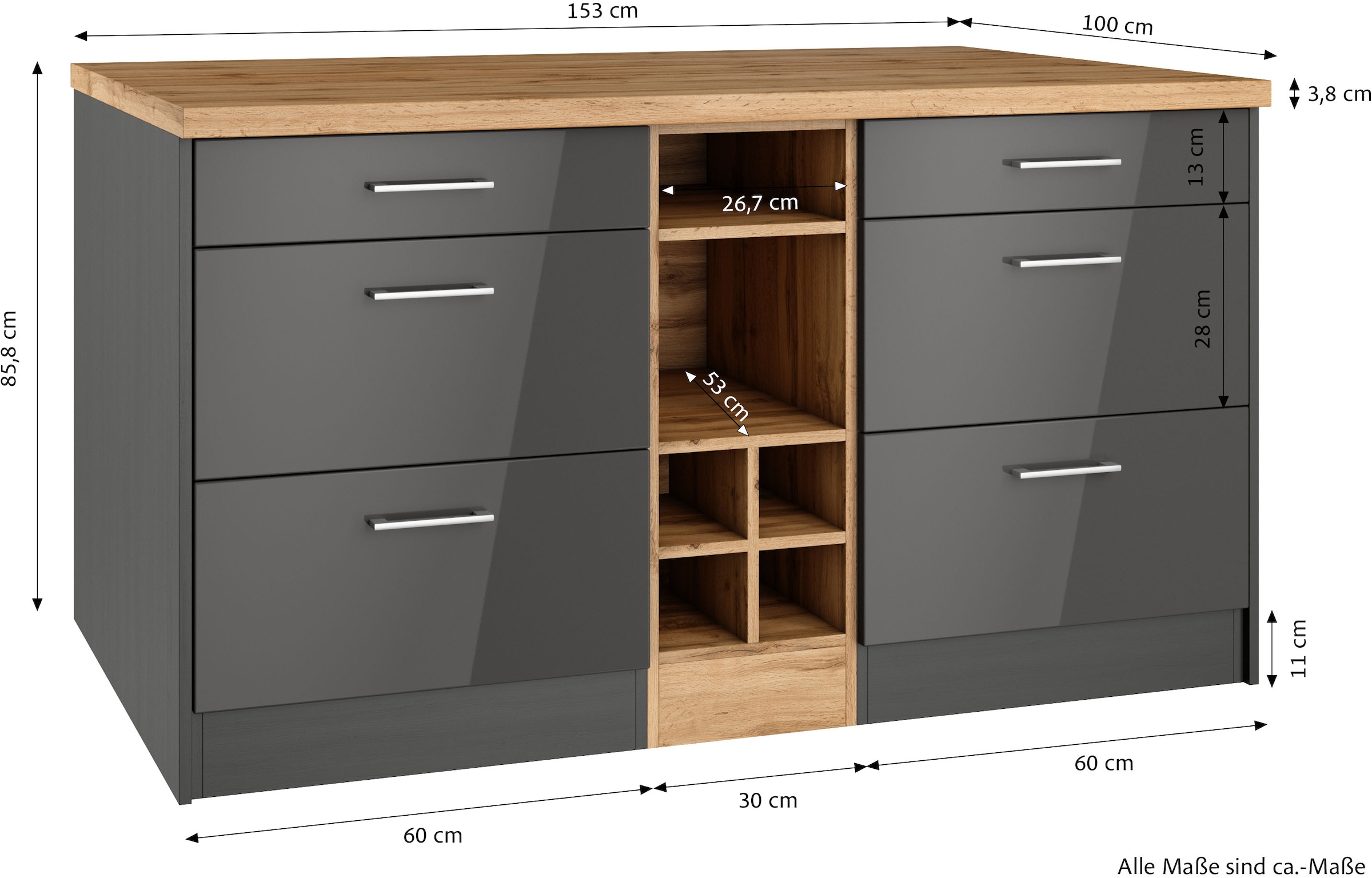 KOCHSTATION Kücheninsel »KS-Milan«, Stellmaß 153/100 cm, viel Stauraum, Lebensmittelpunkt: Küche
