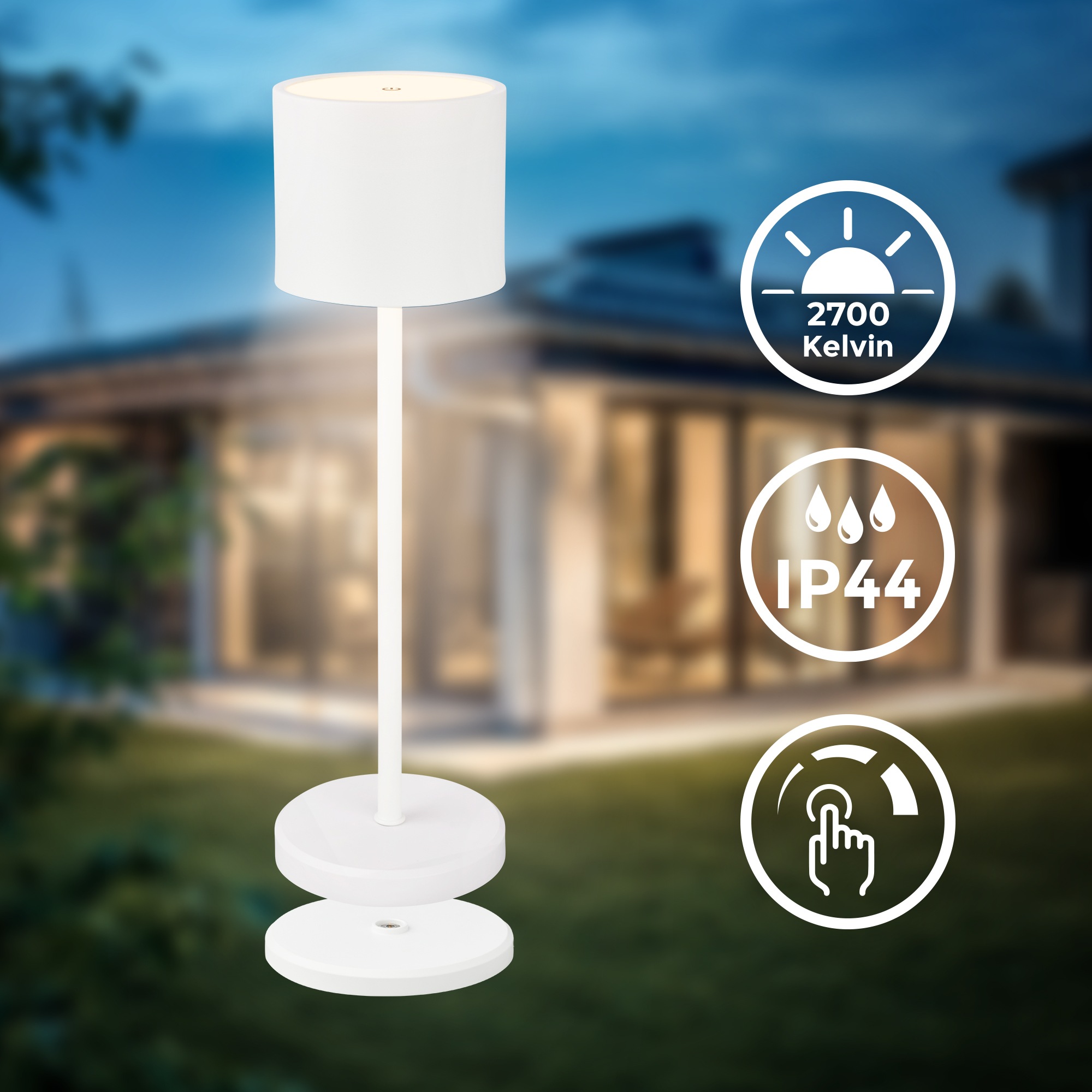 B.K.Licht Außen-Tischleuchte »BK_TL1607 Akku Tischlampe mit Ladestation, 3-Stufen Touchdimmer, IP44«, 1 flammig, Leuchtmittel LED-Modul | LED fest integriert, 3.000 K, 230 Lm, 2,5W, Akku wechselbar, max. 12h Leuchtdauer, Weiß