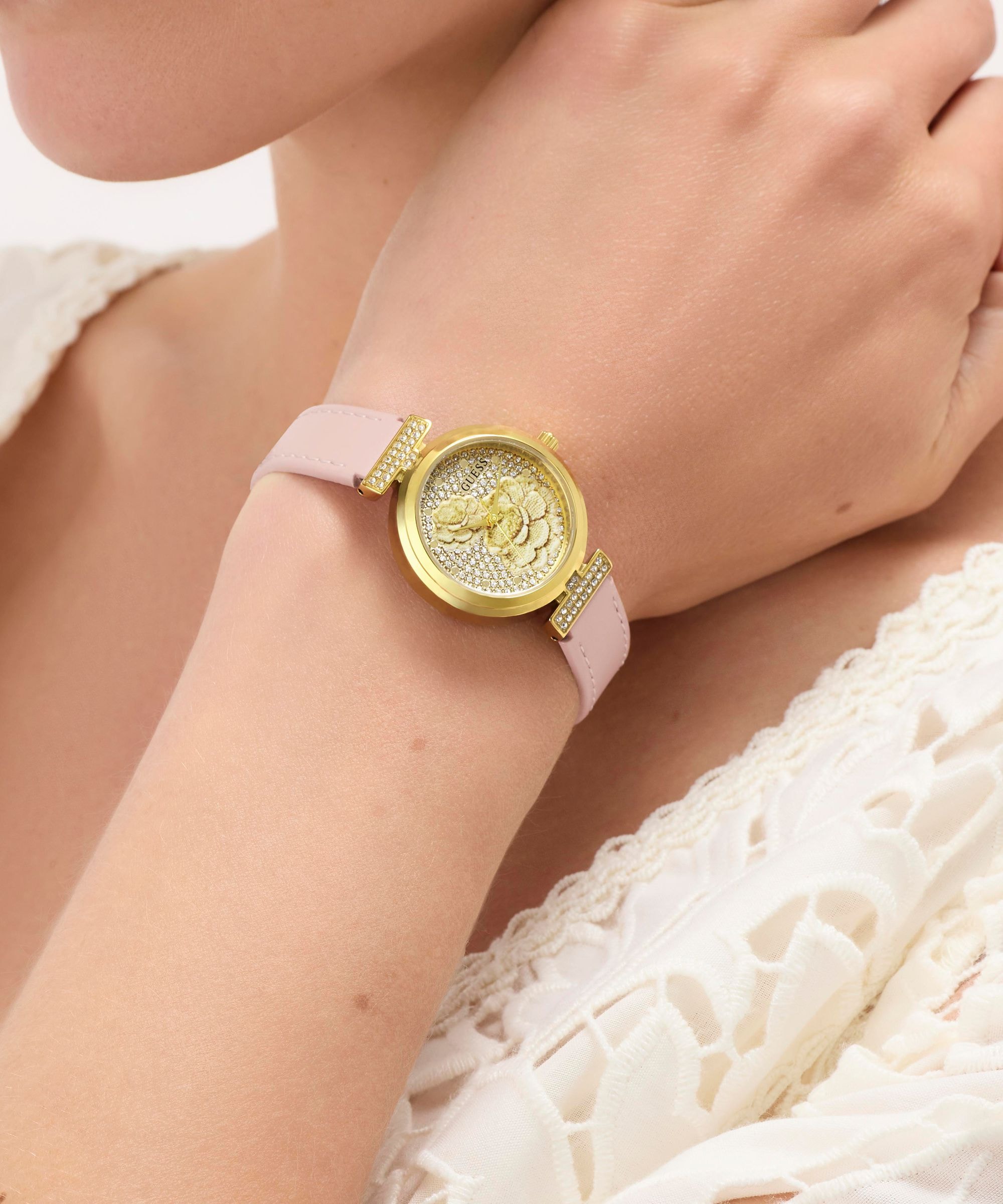 Guess Quarzuhr »ARRAY« Armbanduhr, Damenuhr, Lederarmband, analog