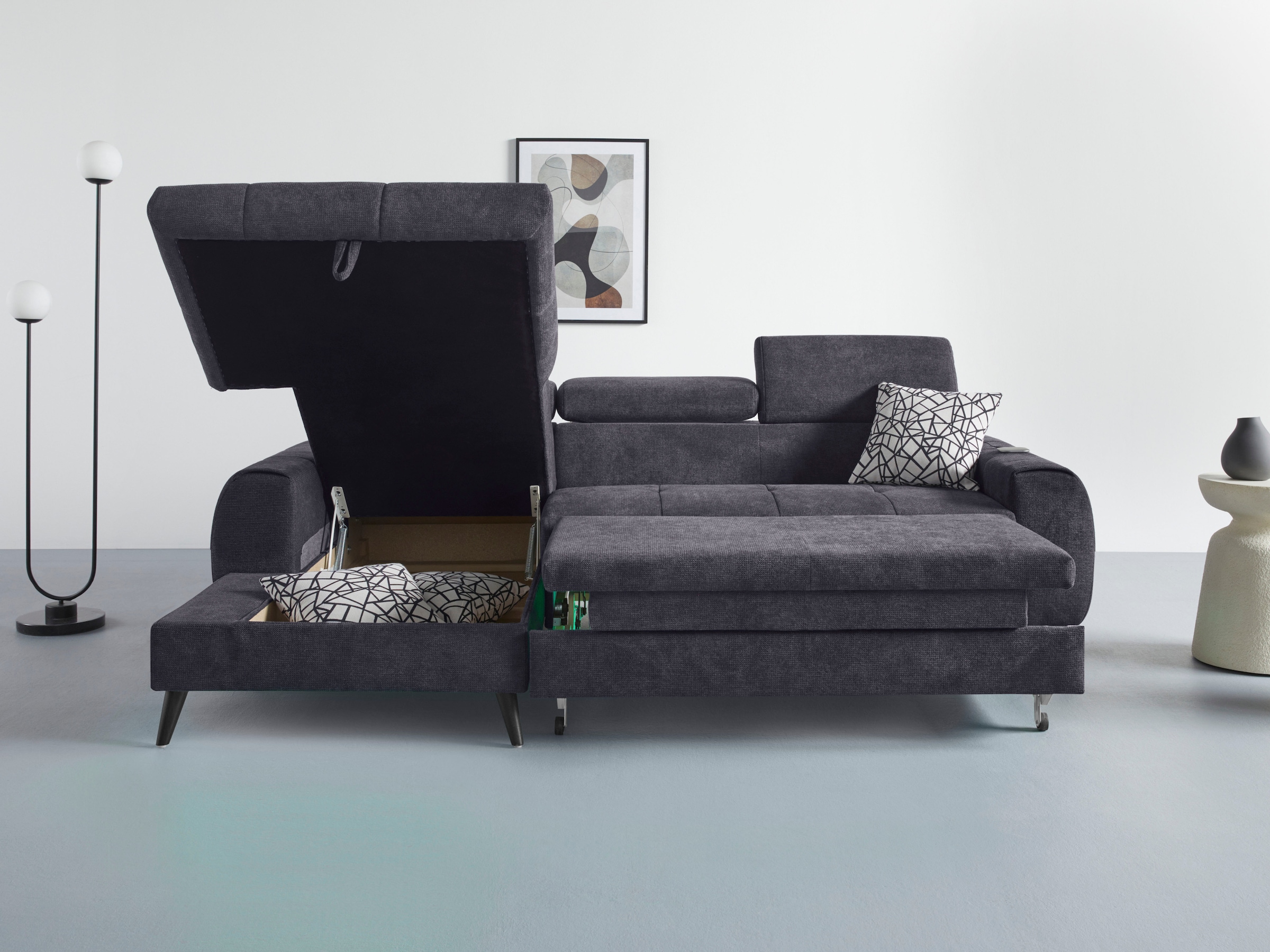 COTTA Ecksofa »Mia L-Form mit 3 Zierkissen«, wahlweise mit Bettfunktion, Bettkasten, Beleuchtung & Wireless-Charger