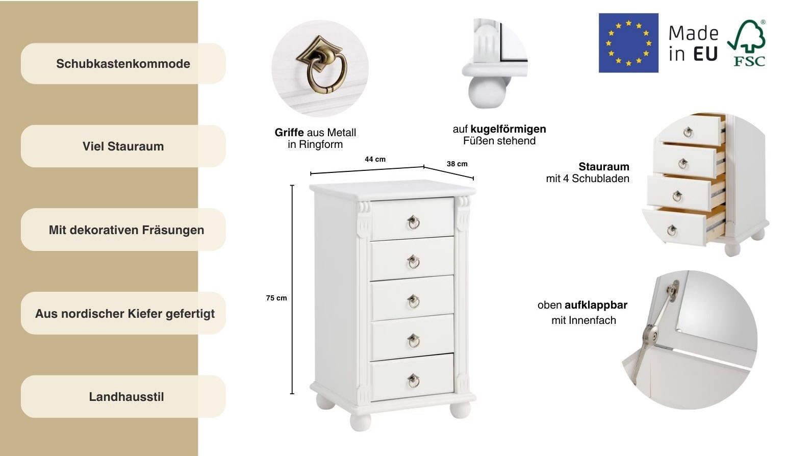 Home affaire Schubkastenkommode »Tessin«, Schminkkommode mit Spiegel, aus massiver Kiefer, FSC®-zertifiziert