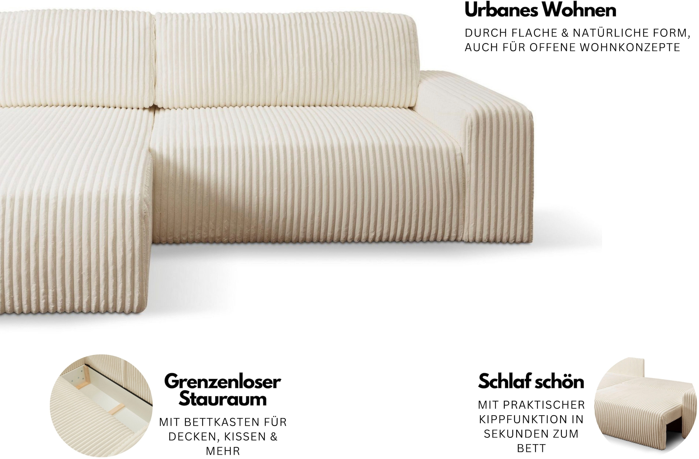 WERK2 Ecksofa »Rotterdam-L 267 x 165 cm mit Bett und Bettfunktion, bequem, Cord« Cord, L-Form, Schlaffunktion, Bettkasten