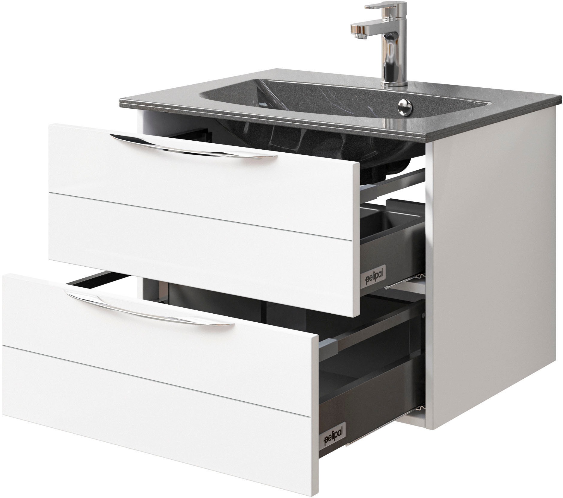 Saphir Badmöbel-Set »Serie 6025 2-teilig Mineralmarmor-Waschtisch mit LED-Spiegelschrank«, (2 St.), Waschplatz 67 cm breit, 2 Schubladen, 2 Spiegel-Türen, inkl Türdämpfer