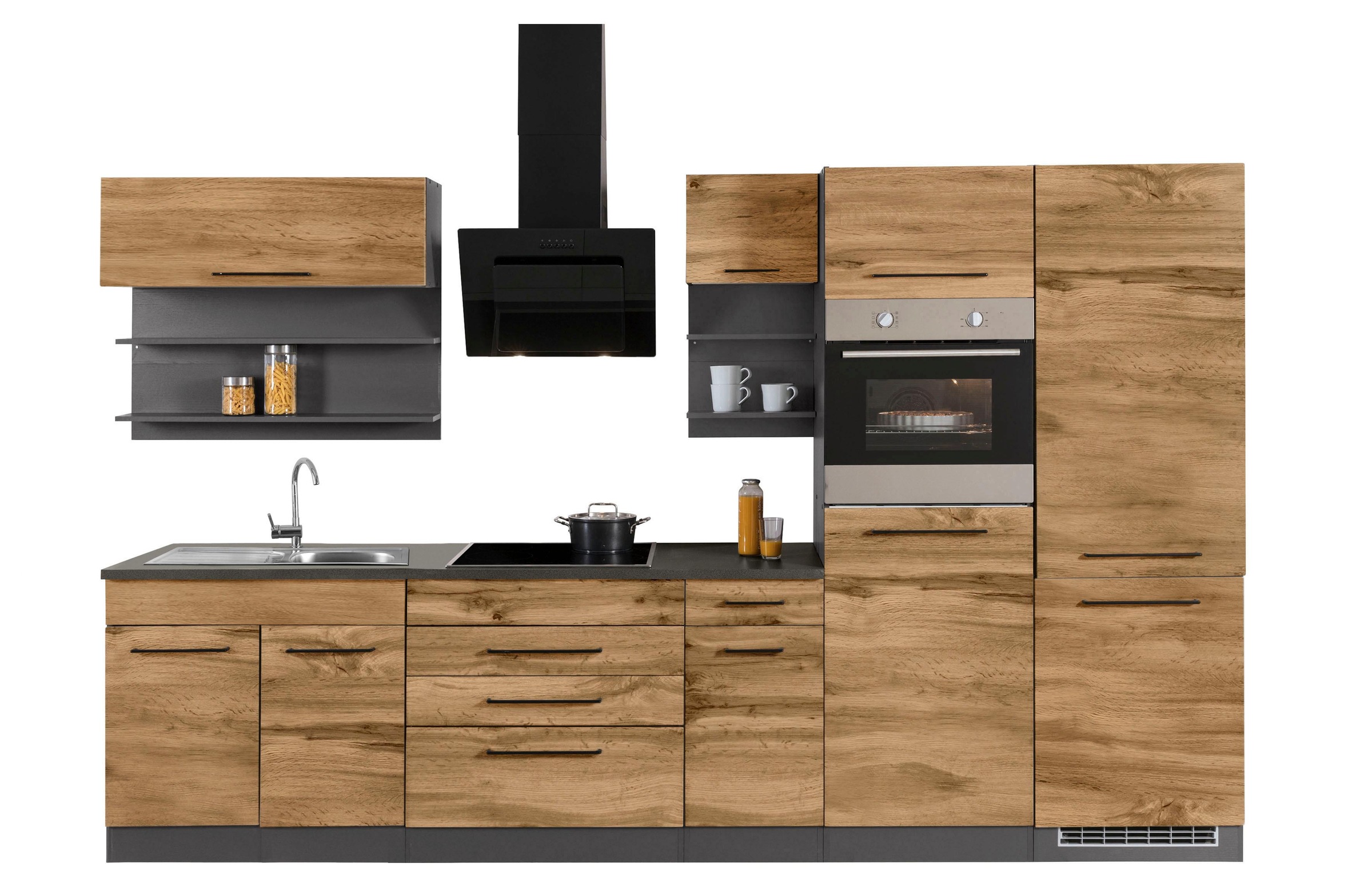 KOCHSTATION Küchenzeile »KS-Tulsa« ohne E-Geräte, Breite 350 cm, schwarze Metallgriffe, MDF Fronten