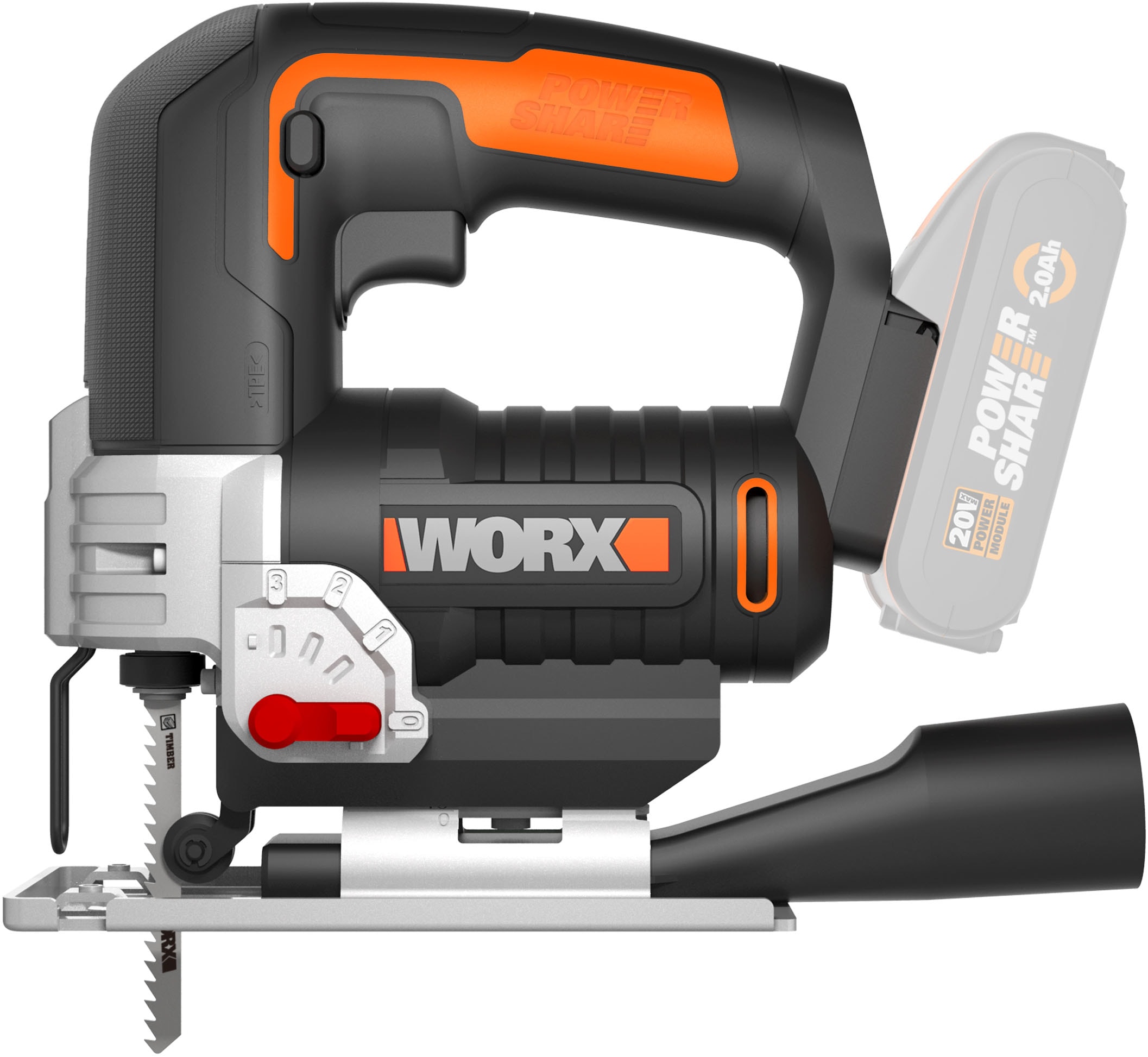 Worx Akku-Stichsäge »WX543.9«, mit Absaug-Adapter, 45° Gehrungsschnitte, ohne Akku & Ladegerät