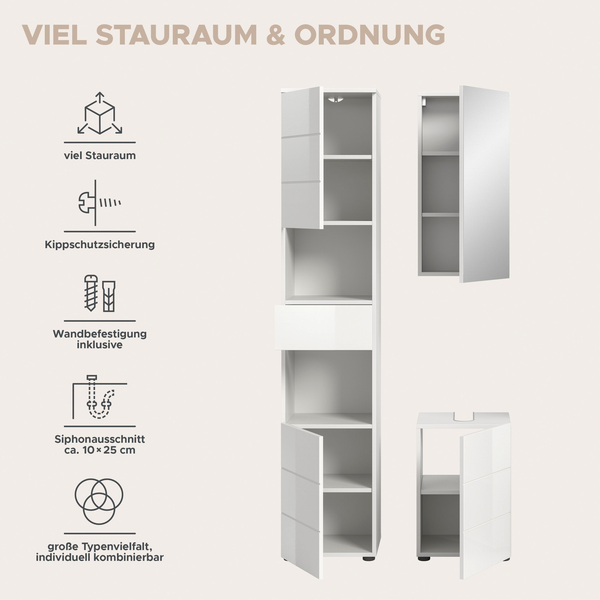 welltime Badmöbel-Set »Biel, Höhe 190 cm, Hochschrank, Unterschrank, Spiegelschrank«, (3 St.), Bad Set, modernes Design, Hochschrank, Unterschrank, Spiegel