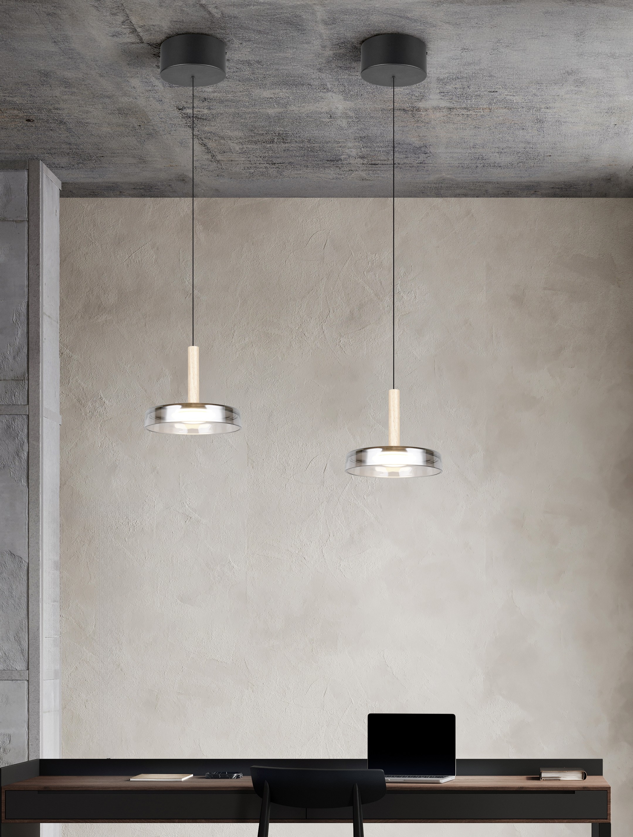 TRIO Leuchten LED Pendelleuchte »CELESTE dimmbare LED Hängelampe aus Metall Glas & Holz, 10W 1100 Lumen«, 1 flammig, Leuchtmittel LED-Board | LED fest integriert, einfach höhenverstellbar von 50-200 cm, Ø 22cm, 3-Stufen Dimmfunktion