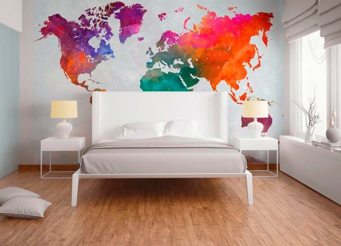 living walls Fototapete »Weltkarte aquarell Vlies«, Weltkarte Fototapete Bunt weiß Tapete 3,50 m x 2,55 m Tapete