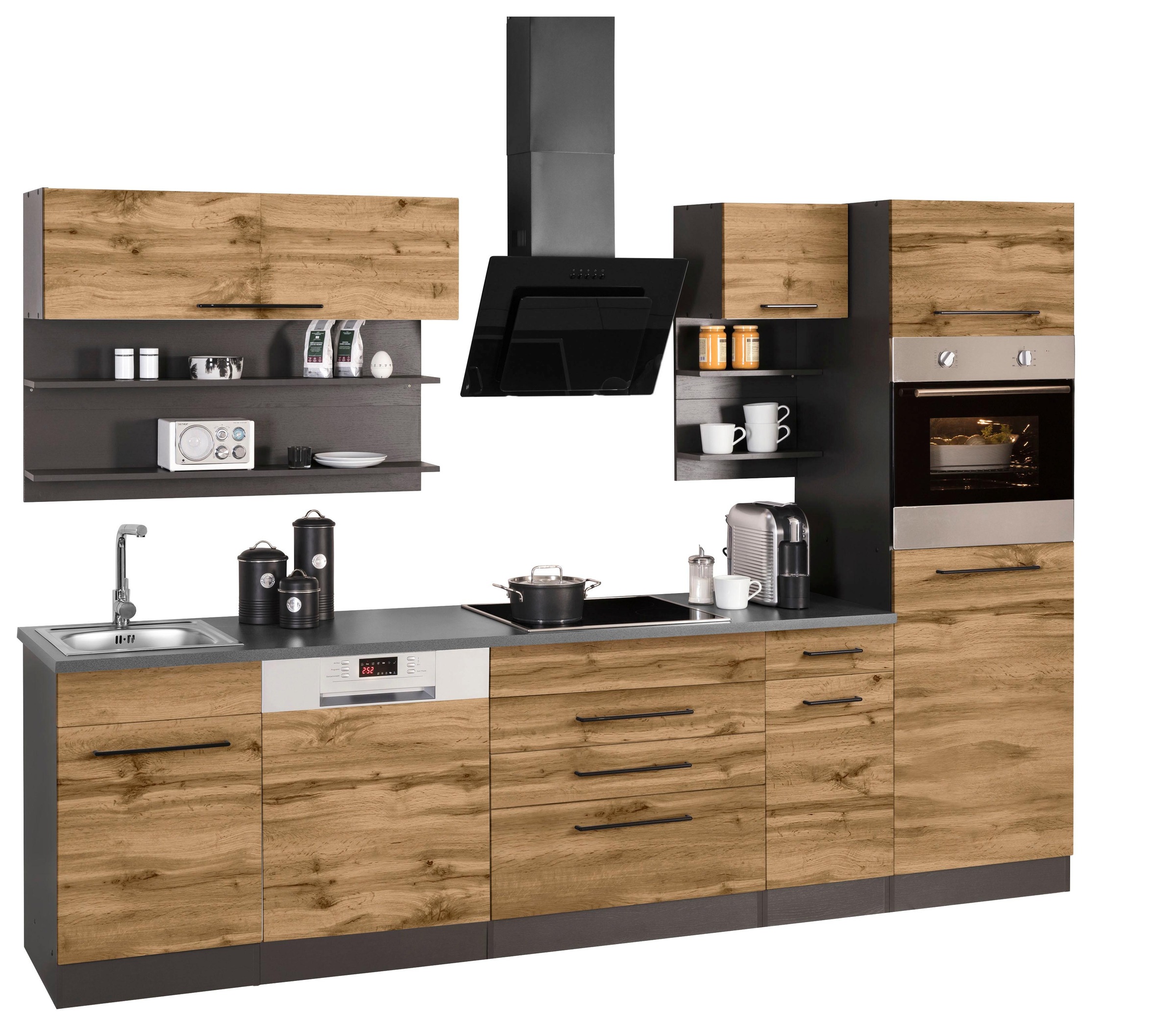 KOCHSTATION Küchenzeile »KS-Tulsa«, ohne E-Geräte, Breite 290 cm, schwarze Metallgriffe, MDF Fronten