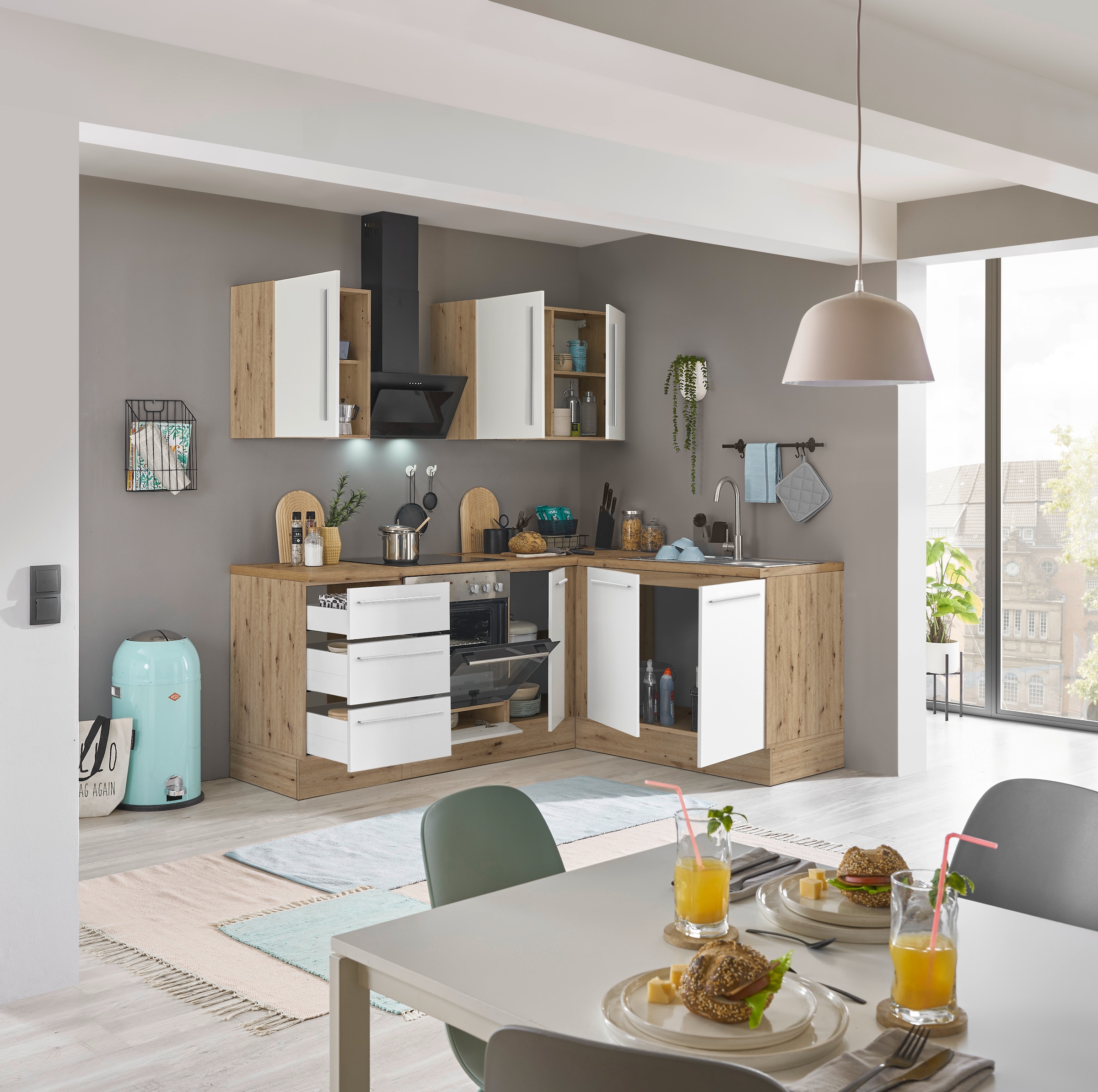KOCHSTATION Winkelküche »Florida, Stellbreite 210x165 cm«, wahlweise mit E-Geräten, mit Softclose für Türen und Schubkästen
