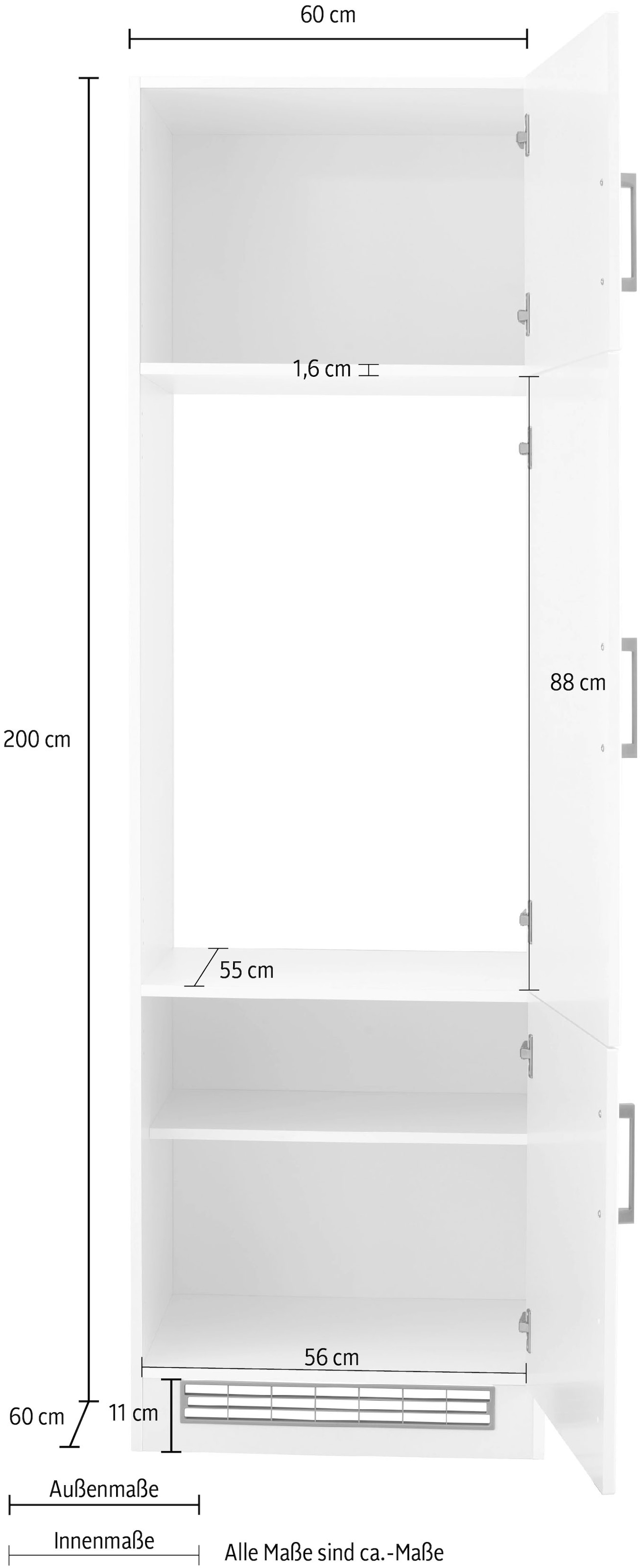 KOCHSTATION Kühlumbauschrank »KS-Tinnum«, 60 cm breit, 200 cm hoch, Metallgriffe, mit Nischenmaß 88 cm